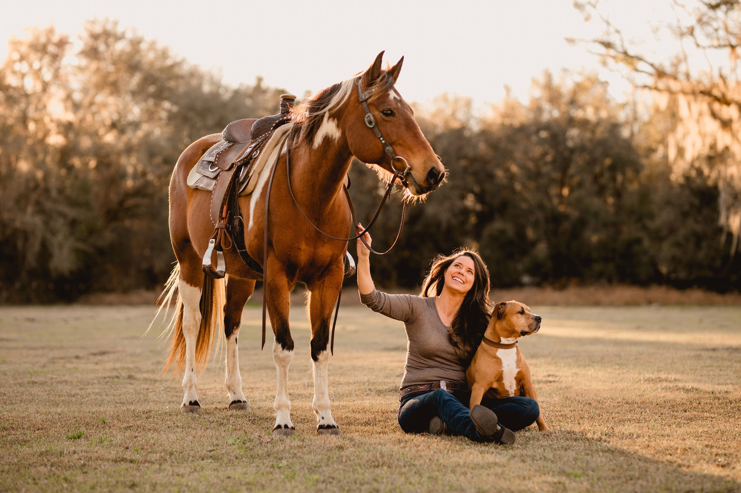 Western horse and rider session in Tallahassee, FL with paint horse and rescue dog.