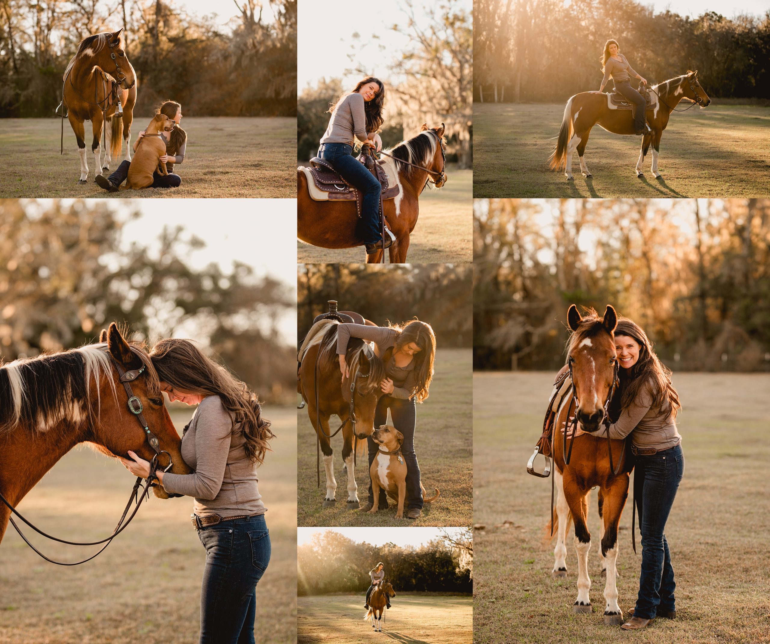 Western paint mare with her owner and rescure dog in Tallahassee FL. Professional equine photographer.