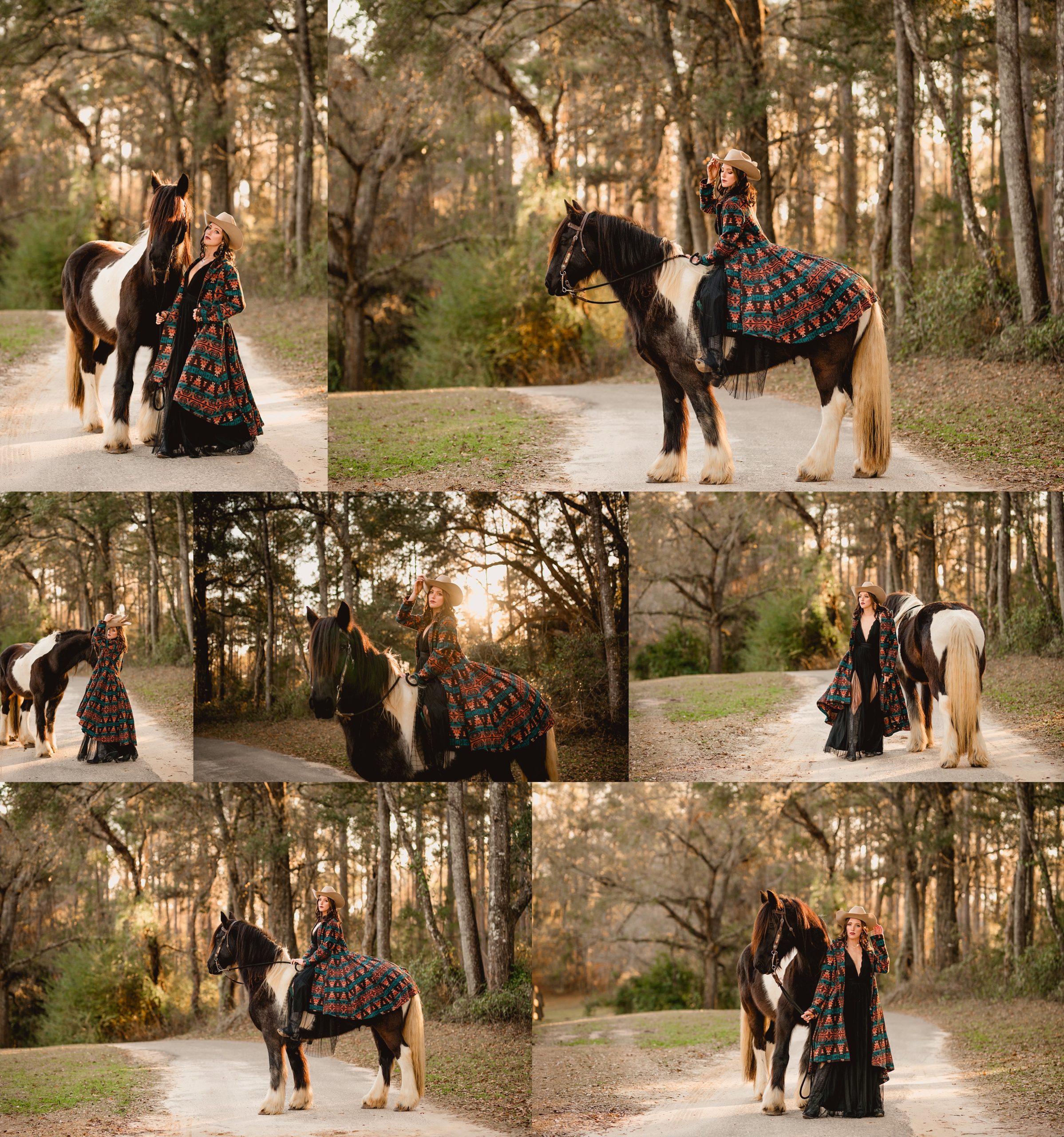 Winter sunset session with horses in Florida.Western outfit ideas. Cowgirl photosession with gypsy vanner horse.