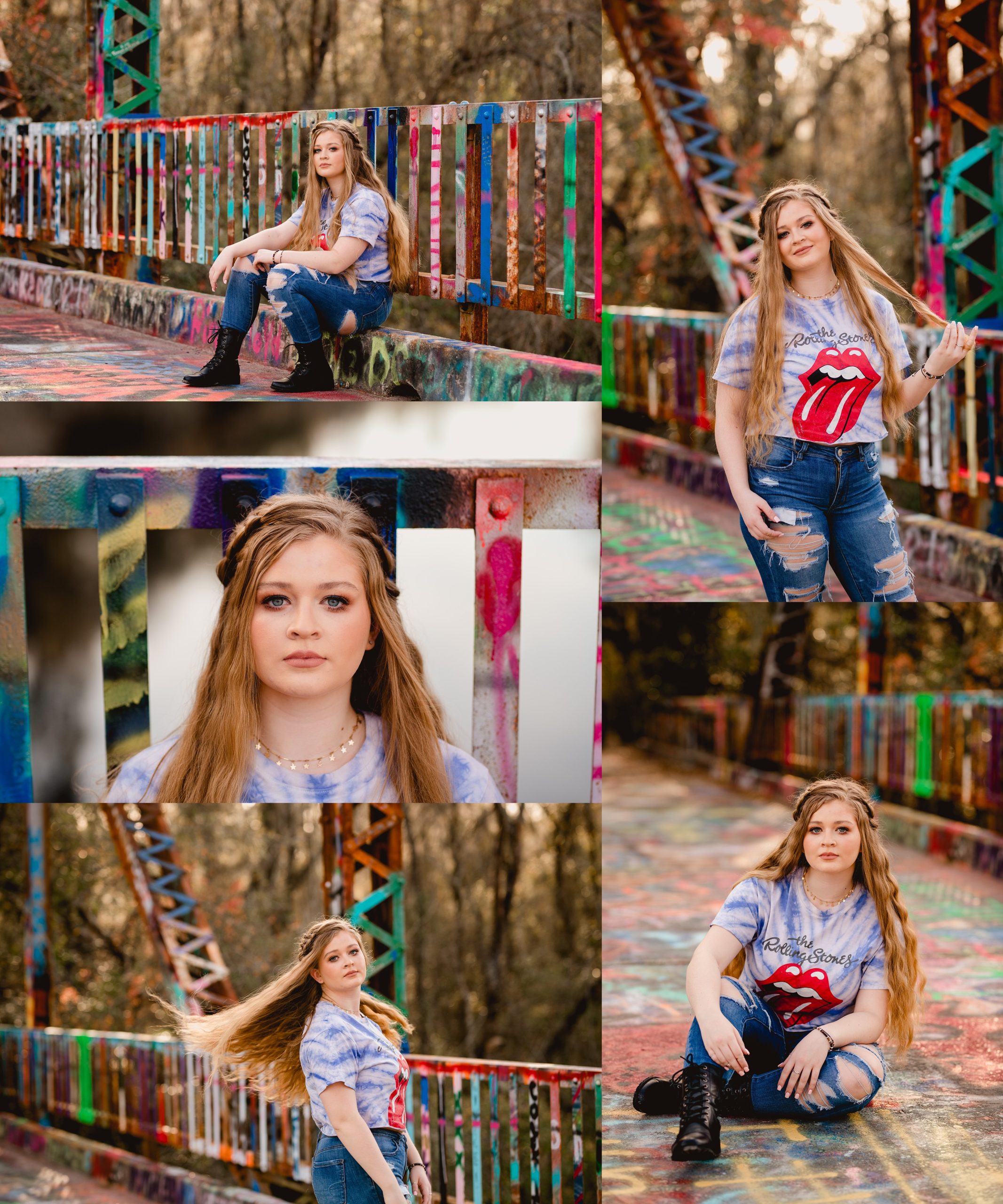 Graffiti bridge backdrop for senior pictures in North florida with rock t-shirts