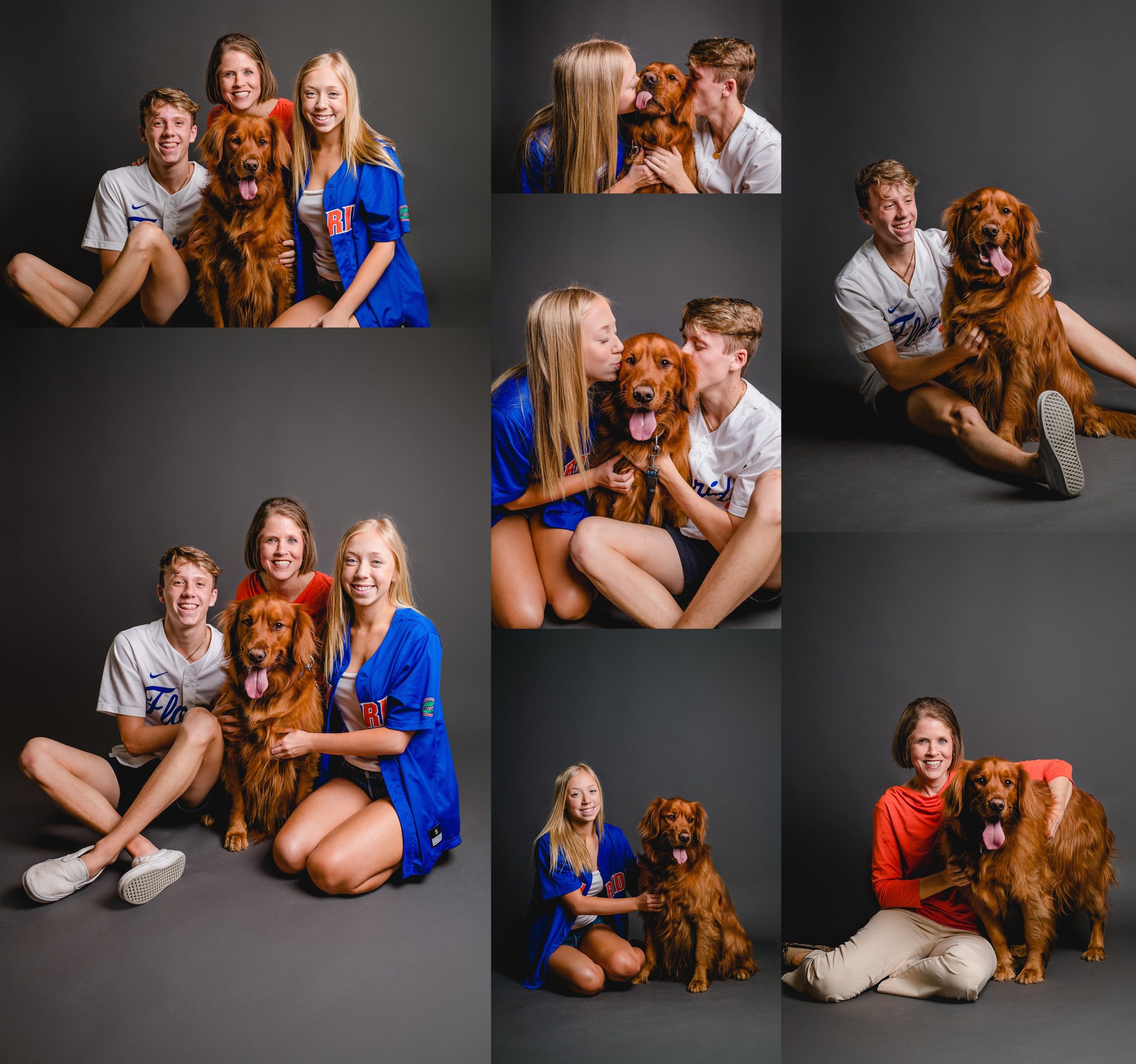 University of Florida family with their Golden Retriever dog.