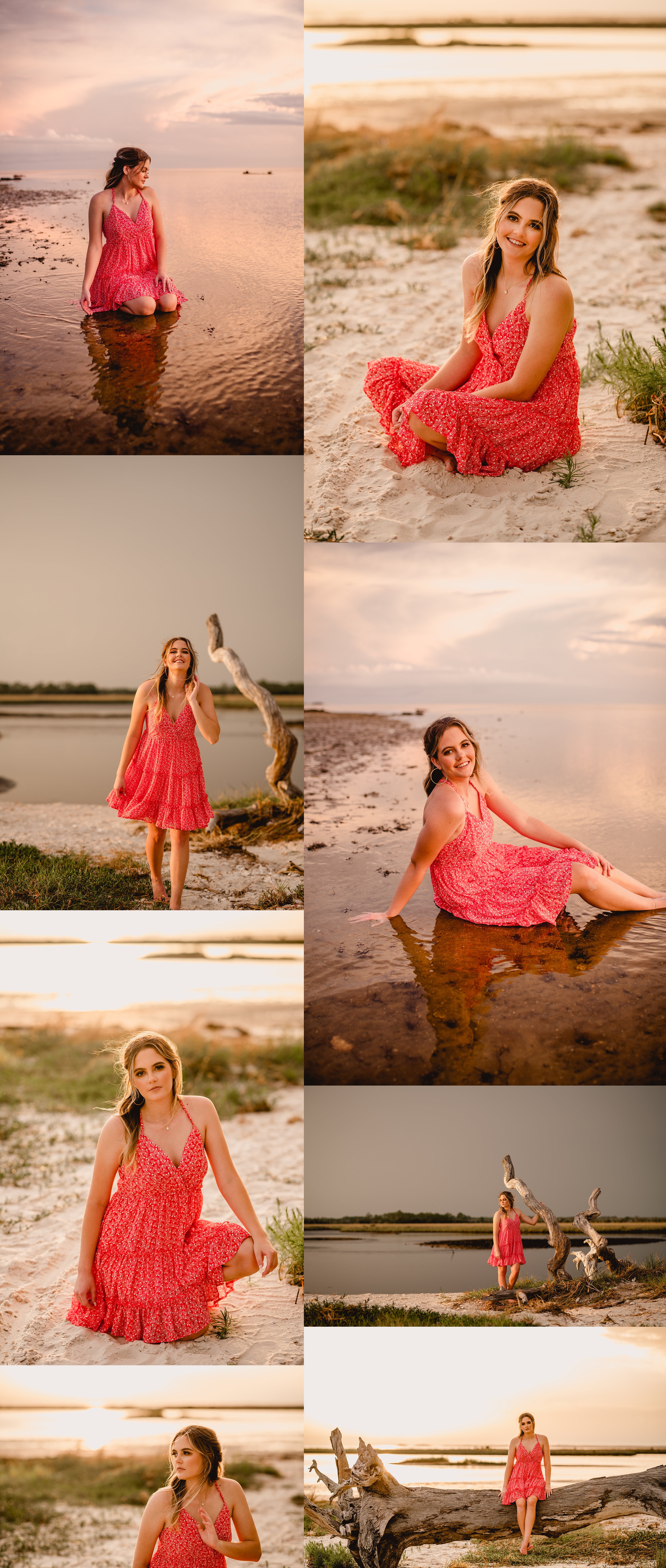 Best senior photographer in North Florida. Senior girl in pink dress on the beach at sunset sitting in the water. Water poses for senior girls.