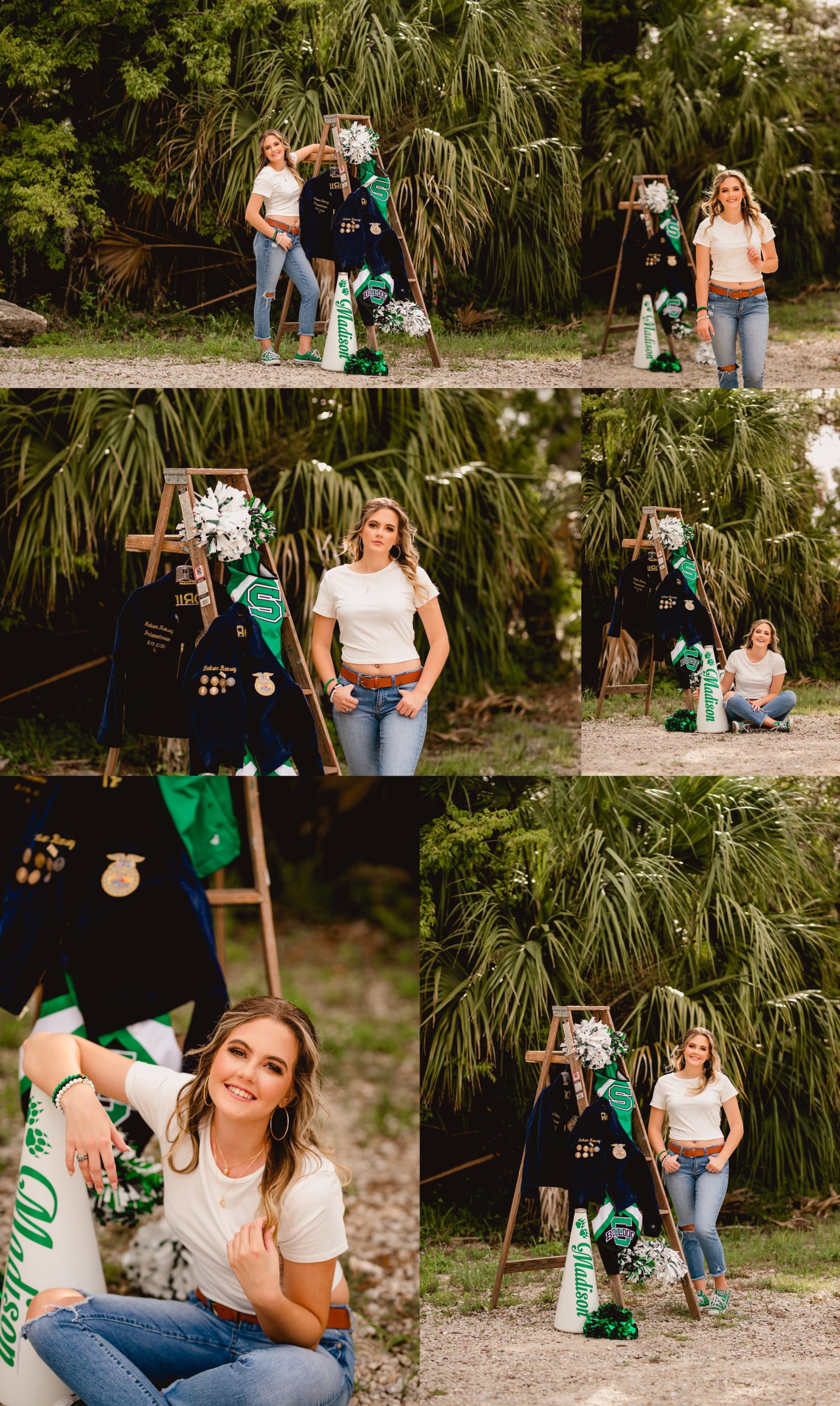 Senior photos with cheer uniforms and FFA jackets on old wooden ladder.