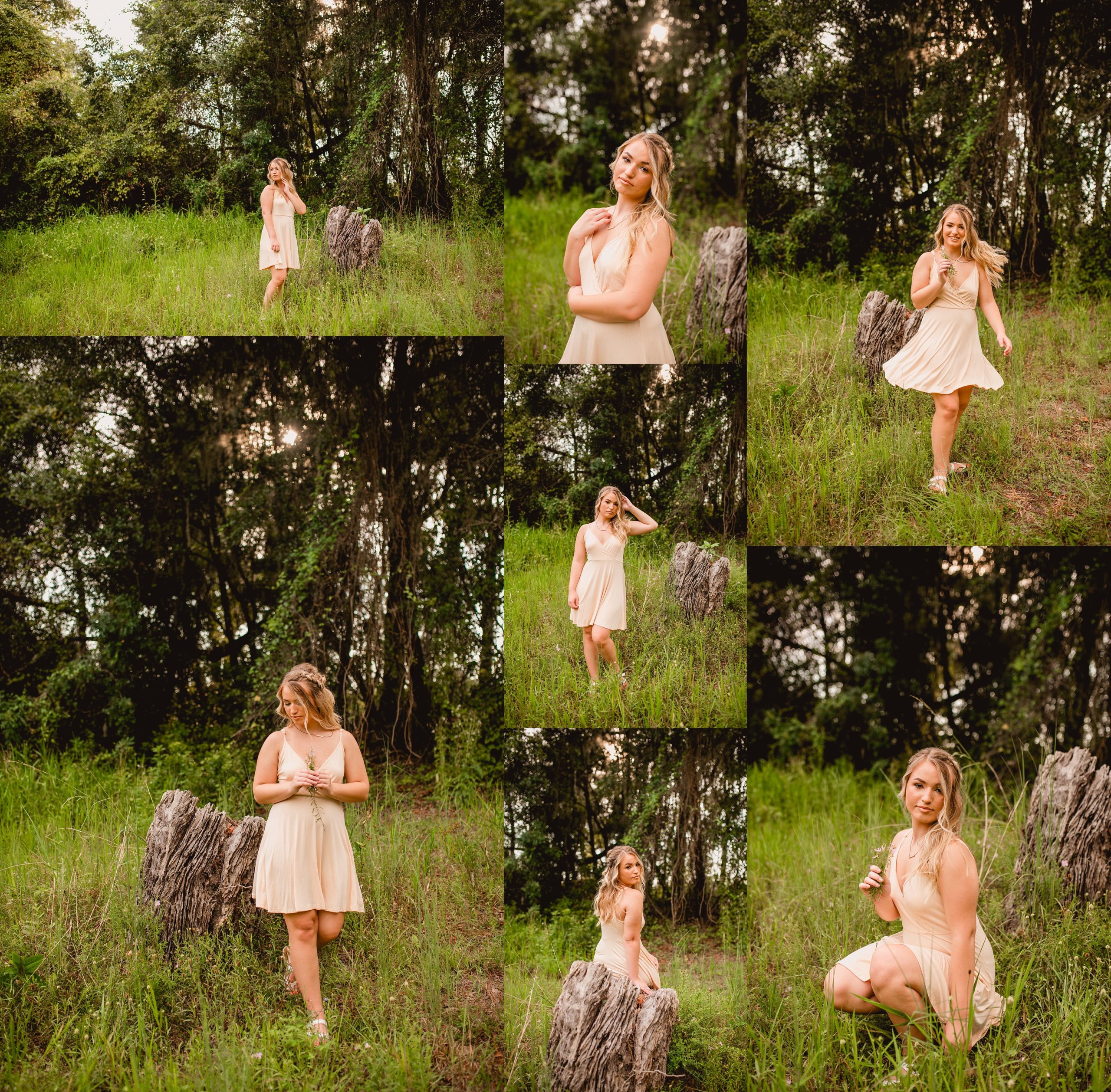 Girl in dress in the woods with flowers for high school photo session.