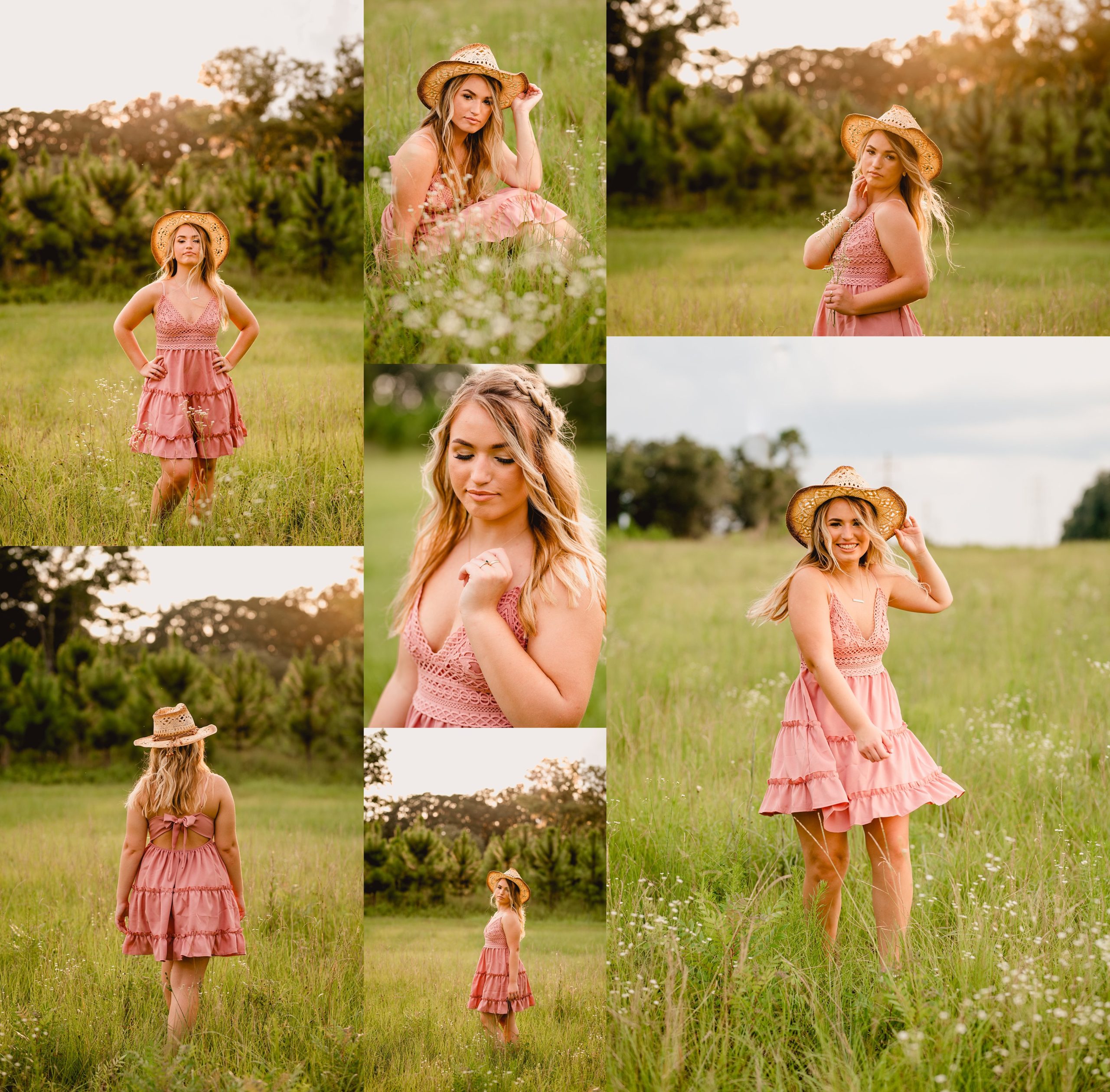 Senior girl in pink dress and hat in a field. Photo ideas for senior girls.
