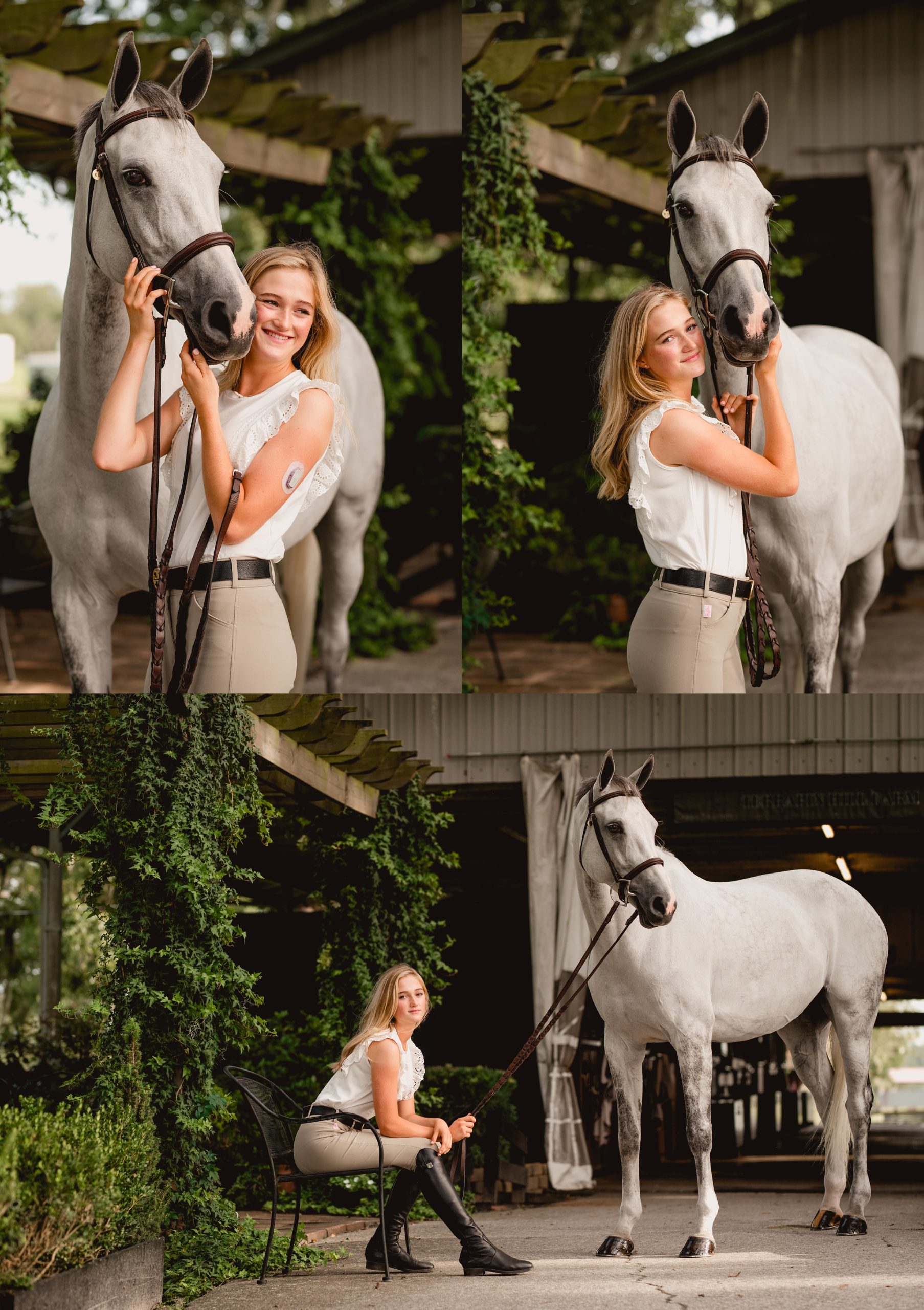 Equestrian photographer in Ocala, Fl takes photos of girl with her grey hunter jumper mare.