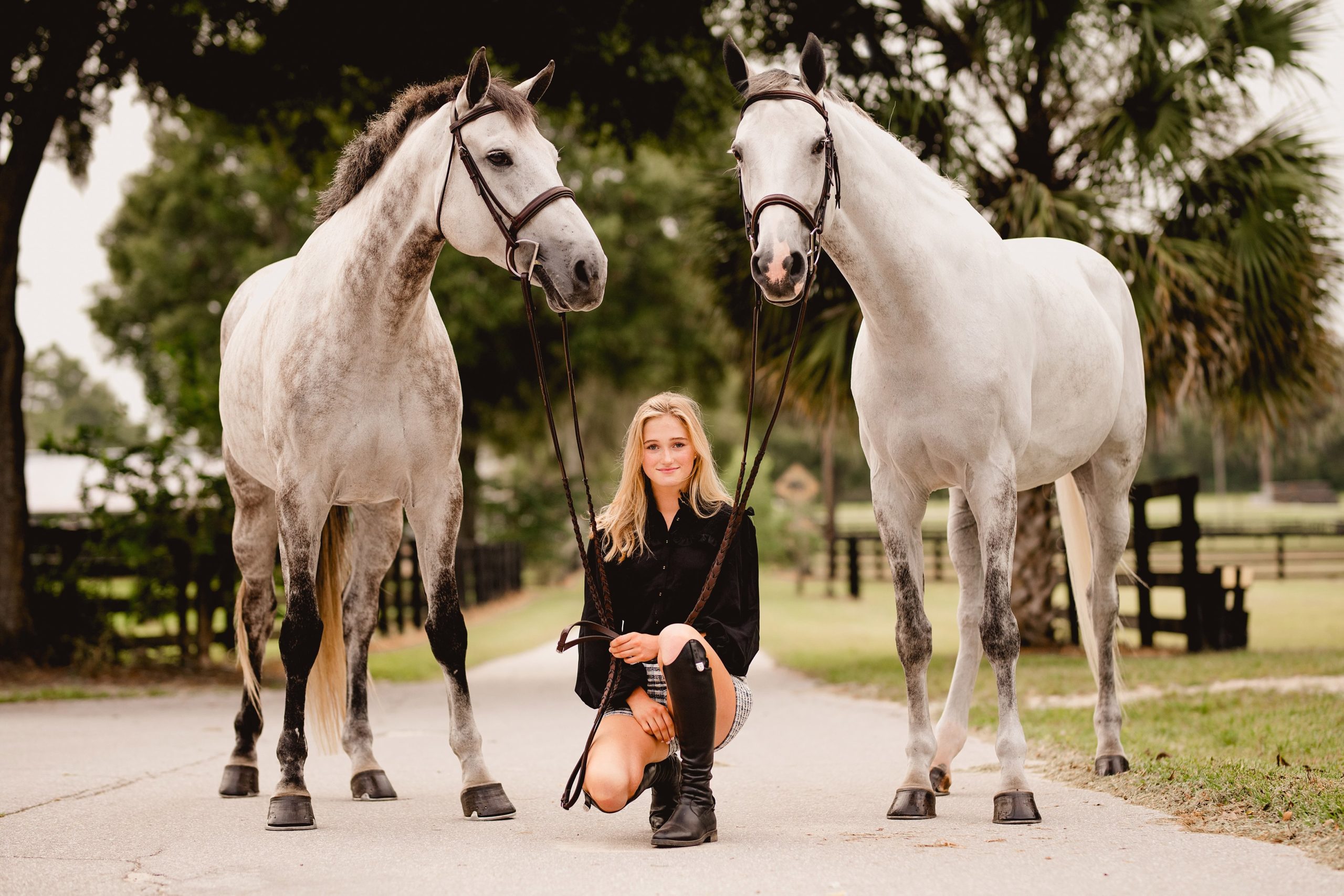 Equestrian styled photoshoot in Ocala, FL. Florida horse photographer. Grey horses. Stable to street.
