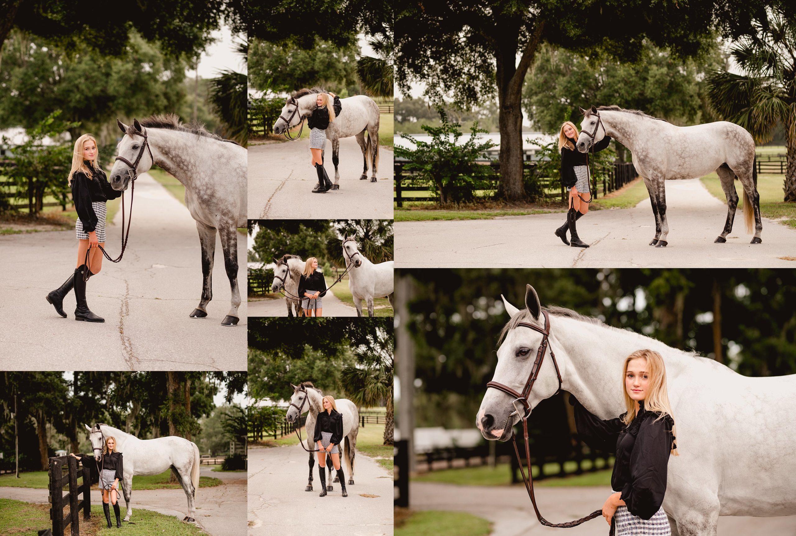Stable to street styled outfit for horse and rider photoshoot with two grey horses.