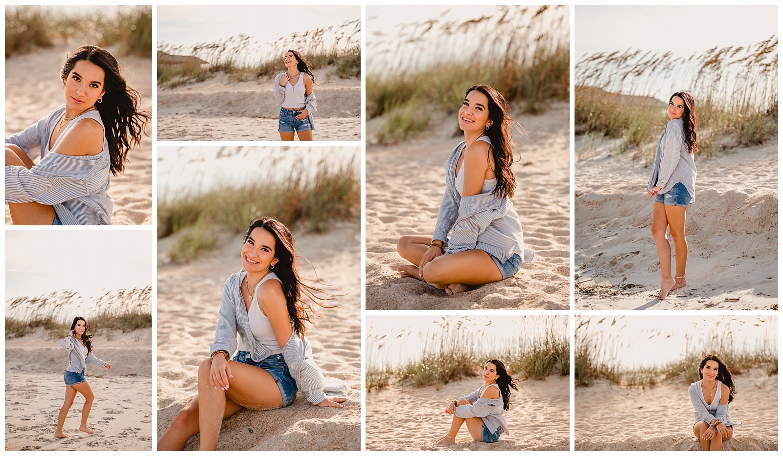 Senior posing ideas for the beach. Long sleeve top and shorts outfit ideas for seniros.