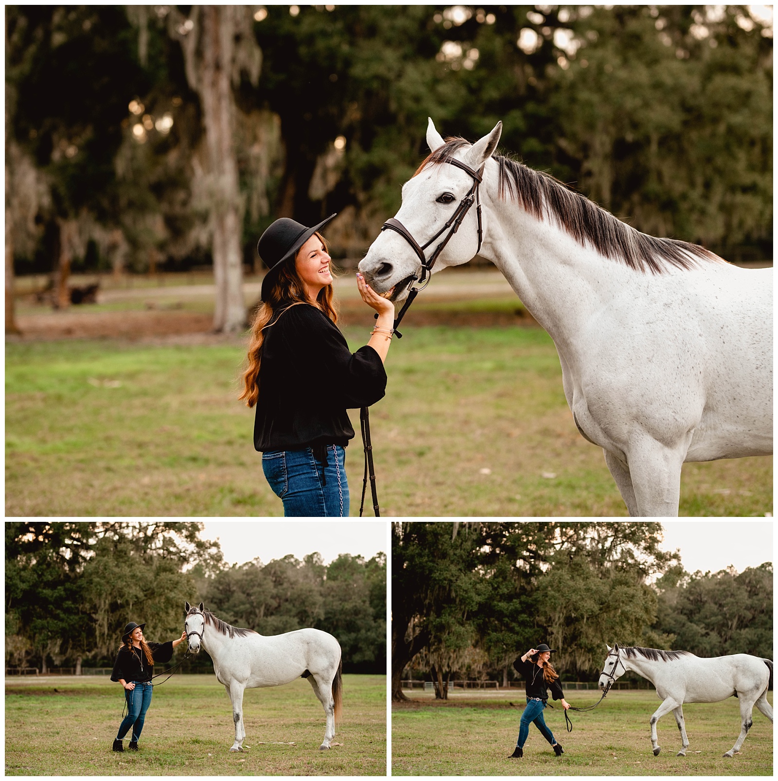 Equestrian photographer near Gainesville takes photos of girl with her grey TB gelding.