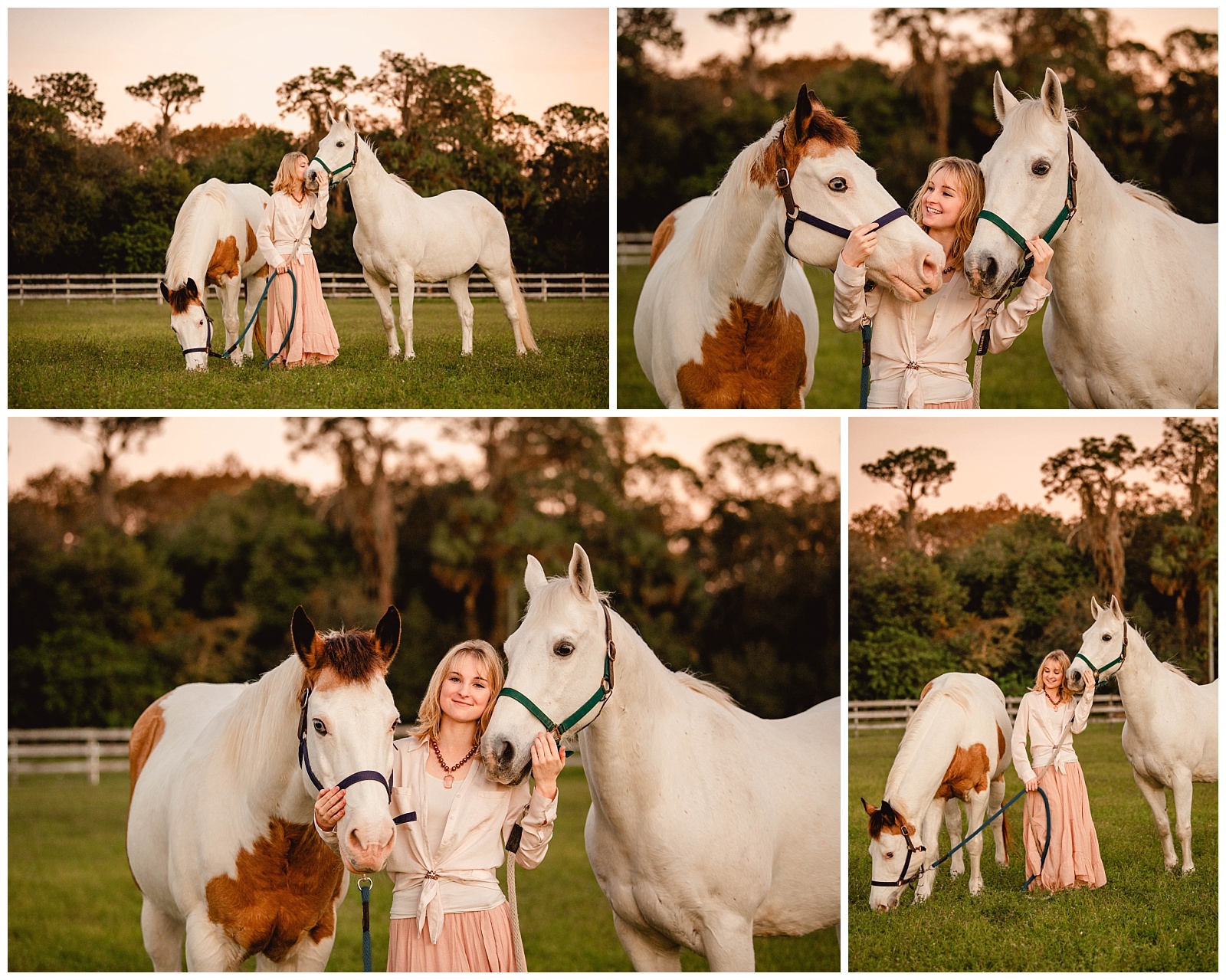 Cute photos of girl and her two horses during sunset in Fort Myers. South Florida equestrian photoshoot.