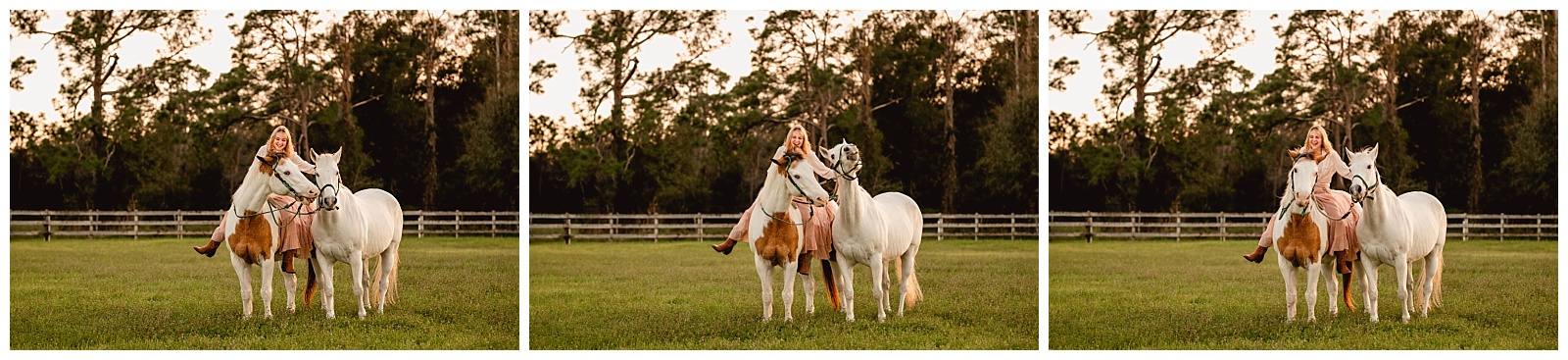 Funny photos of girl with her two horses during sunset in Fort Myers.