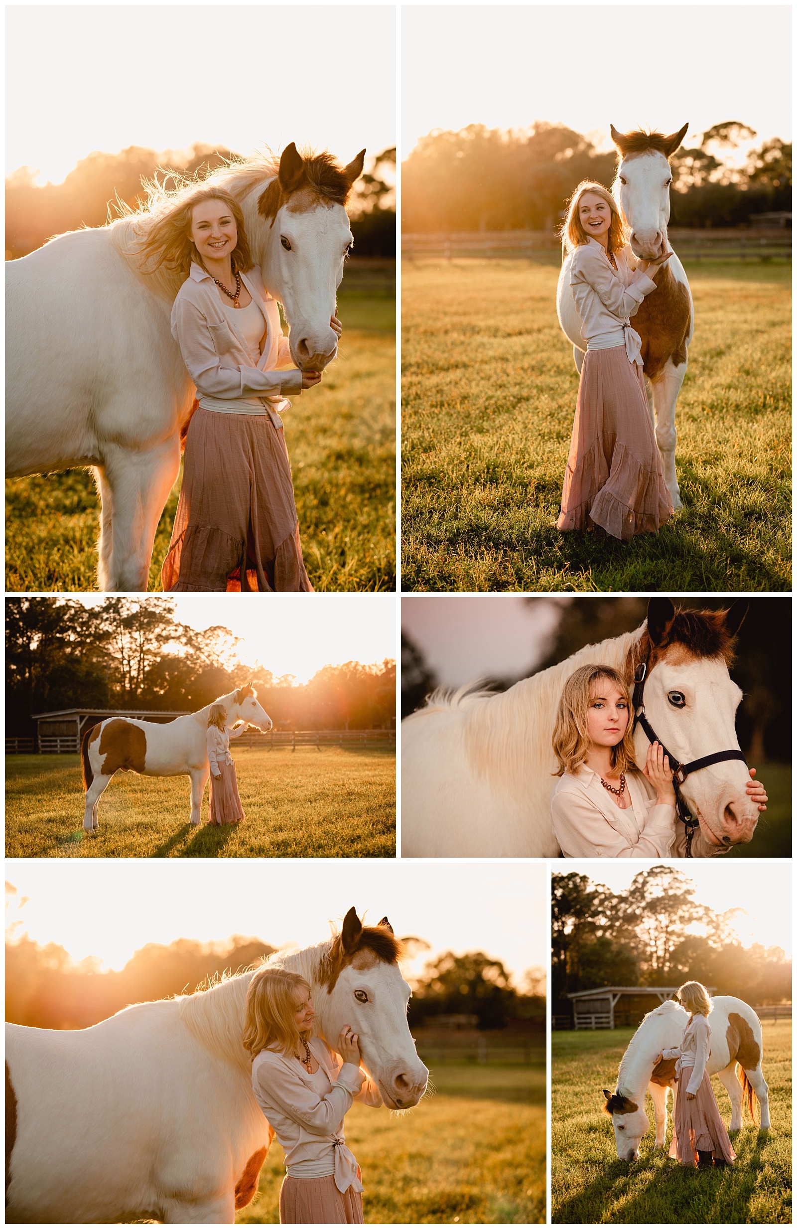 Golden hour photoshoot in Fort Myers, Florida with girl and her paint horse.