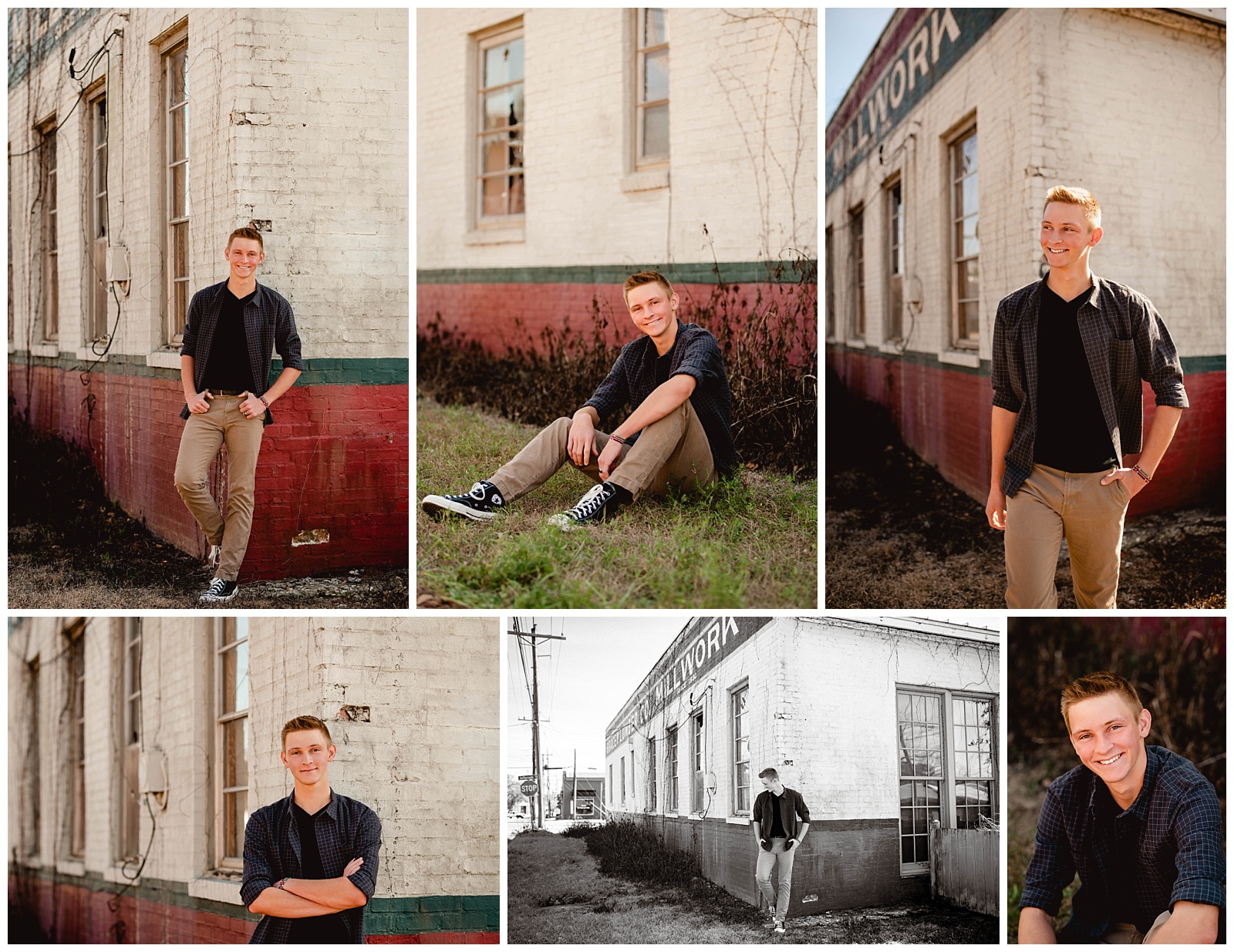 Rustic senior portraits for Tallahassee high school senior with old buildings.