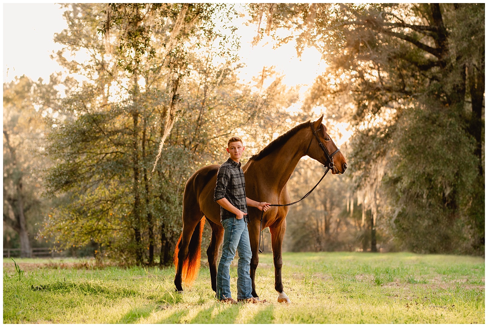 Senior photography in Tallahassee, Florida during sunset with senior boy and his hobby, horseback riding.