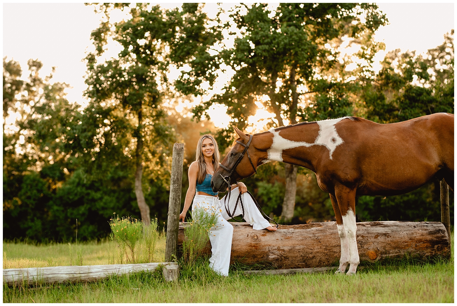 Tallahassee equestrian photographed with her pinto Thoroughbred gelding at Gray Lily Farms.
