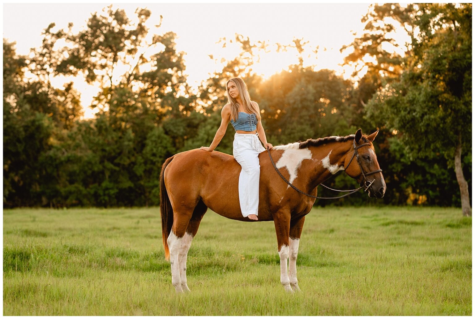 Girl and pinto Thoroughbred horse photographed during golden hour in Florida. Outfit ideas for horse and rider photoshoot. North Florida and South Georgia equestrian photographer.
