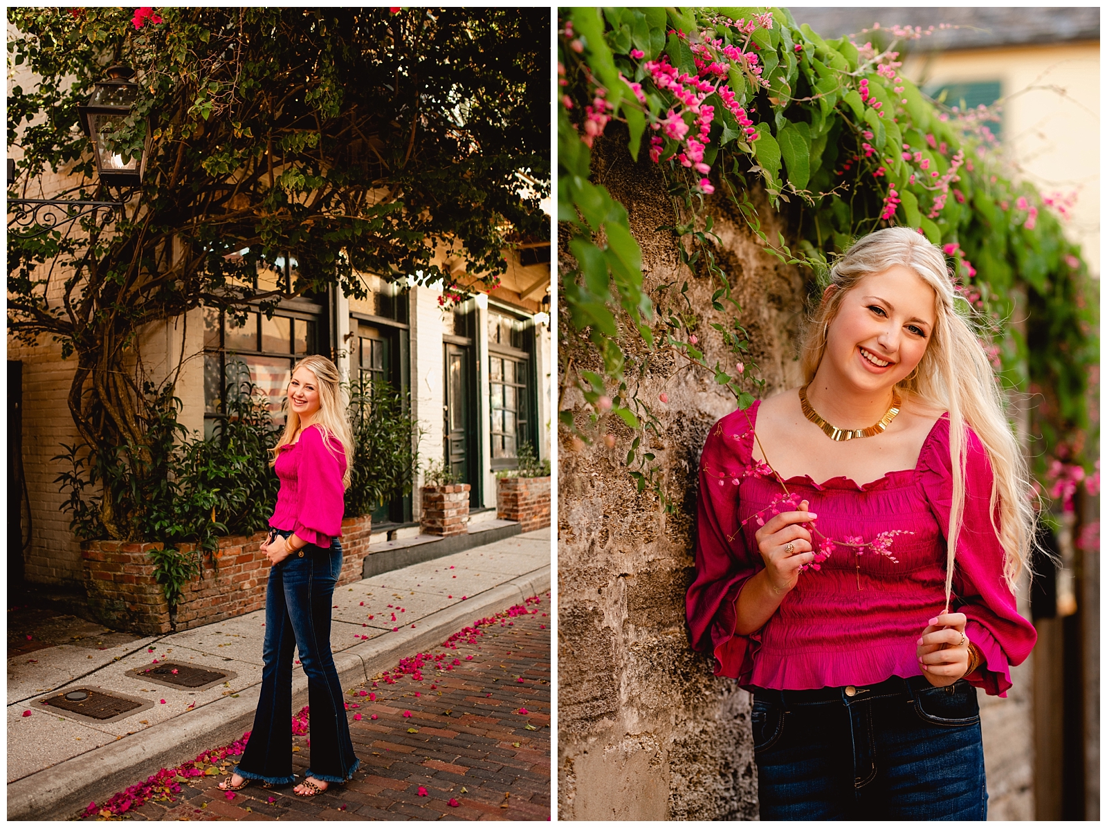 Downtown St Augustine street for senior portraits. Senior photo outfit ideas, hot pink shirt with cheetah heels.
