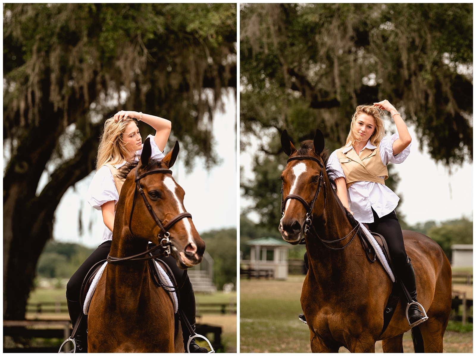 Ocala photoshoot with Horse and Rider. Under saddle photos of hunter/jumper and equitation horse. Equestrian styled outfit with blouse from Odette Boutique.