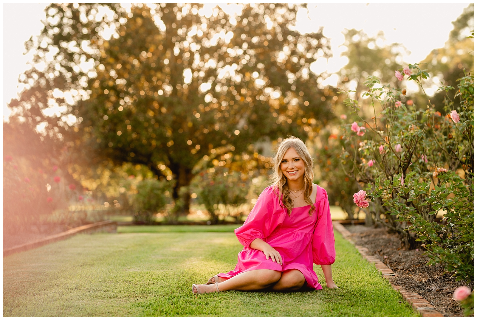 Senior Pictures in Thomasville, Georgia at the Rose Garden during sunset.