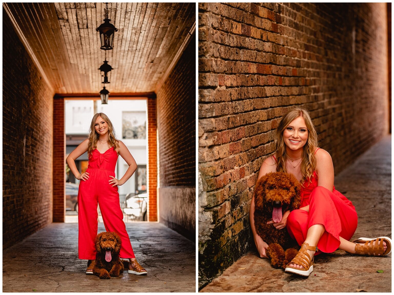 High School Senior takes pictures in historic town, Thomasville, Georgia, in old brick alley with her Golden Doodle Dog.