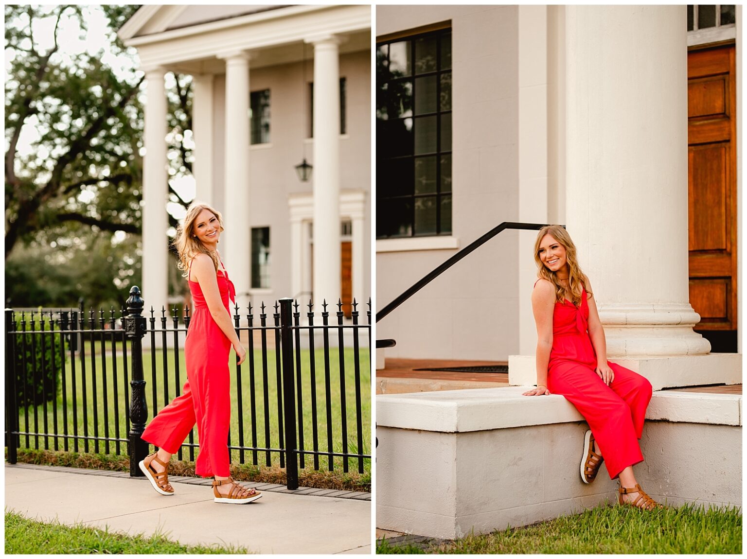 High School Senior takes pictures by old courthouse in bright red jumpsuit in Thomasville, Georgia.