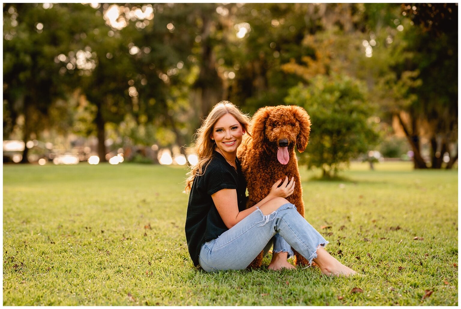 Senior Pictures in Thomasville, Georgia at the Rose Garden during sunset with girl's apricot Golden Doodle Dog.