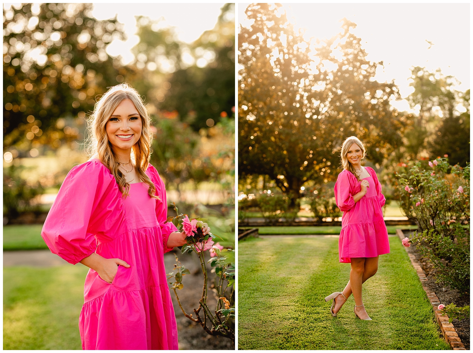 Senior Pictures in Thomasville, Georgia at the Rose Garden during sunset with hot pink dress.