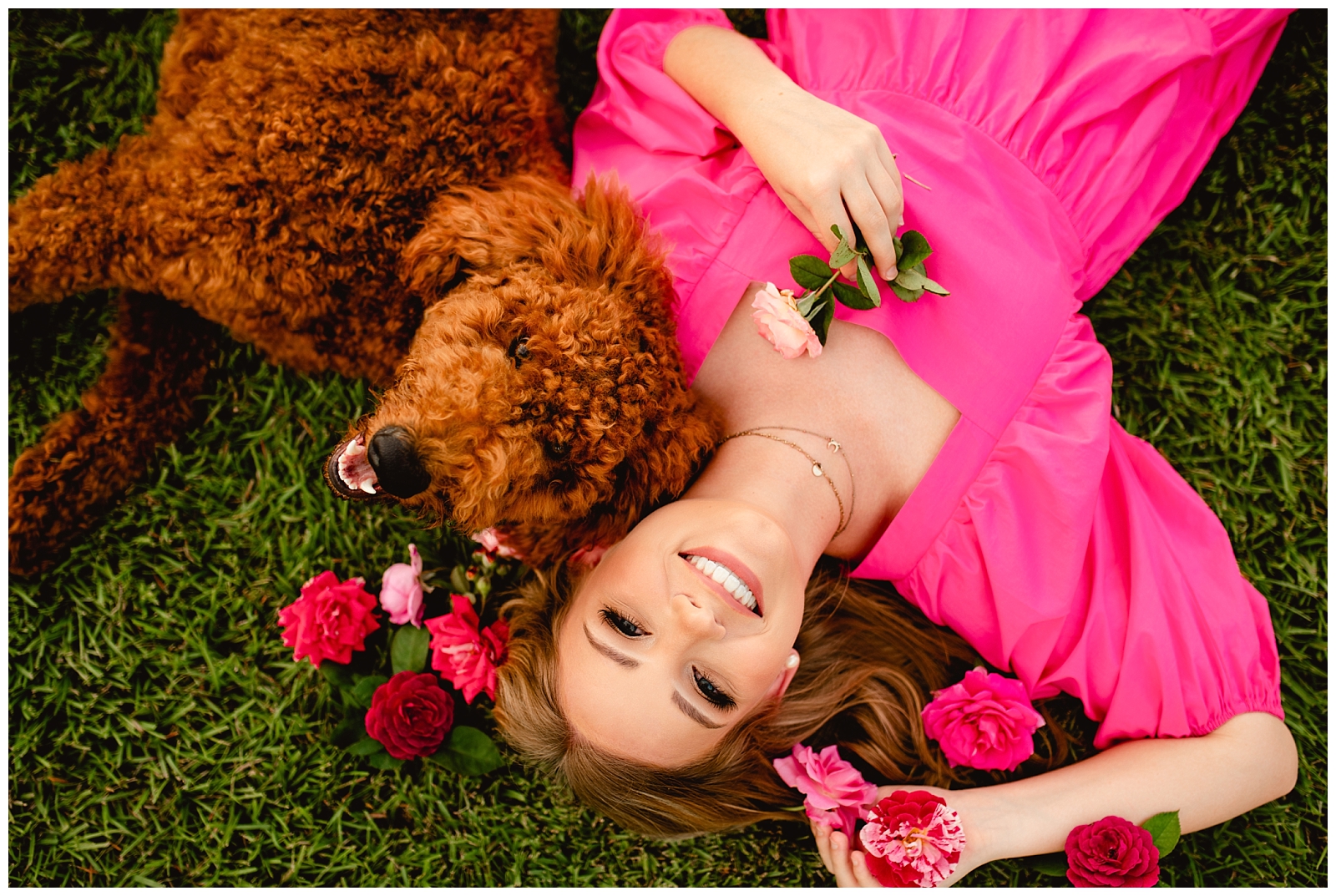 Senior Pictures in Thomasville, Georgia at the Rose Garden during sunset with hot pink dress and Golden Doodle Dog.