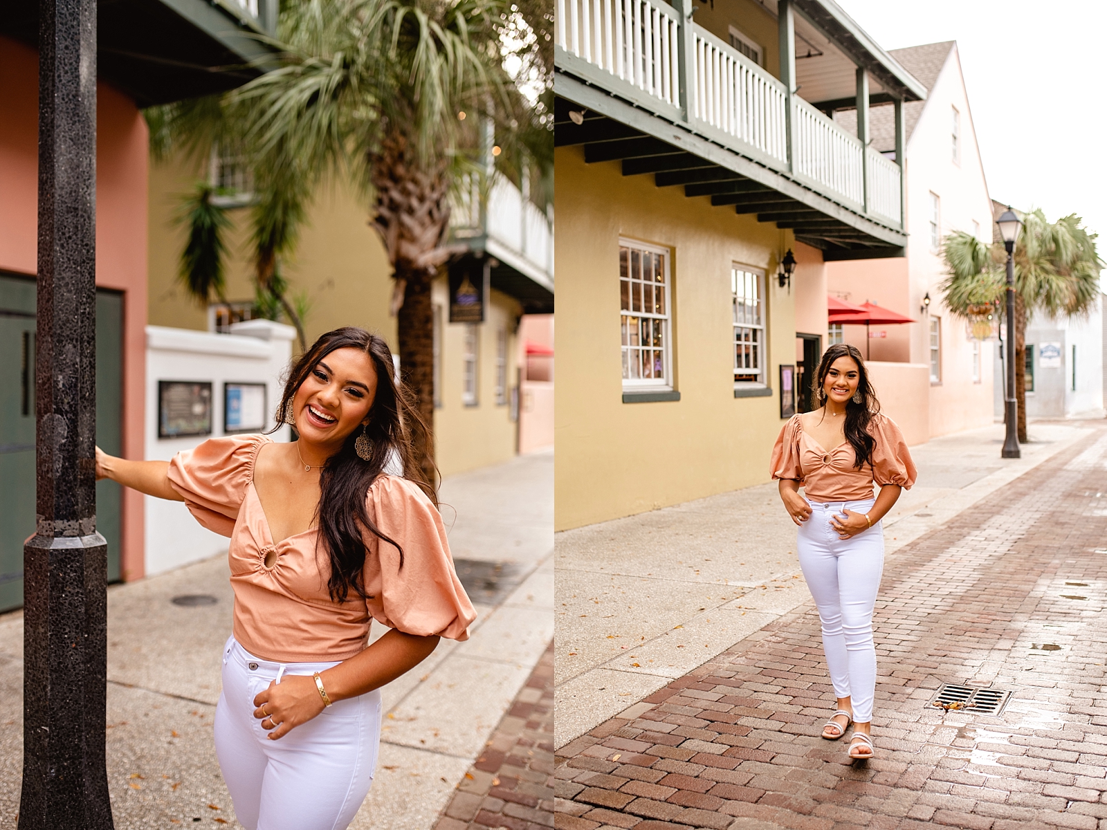 High school senior pictures taken in downtown St Augustine, FL on the cobble stone road. Florida senior photographer. Painted Oak Photography. Posing ideas for senior girls.