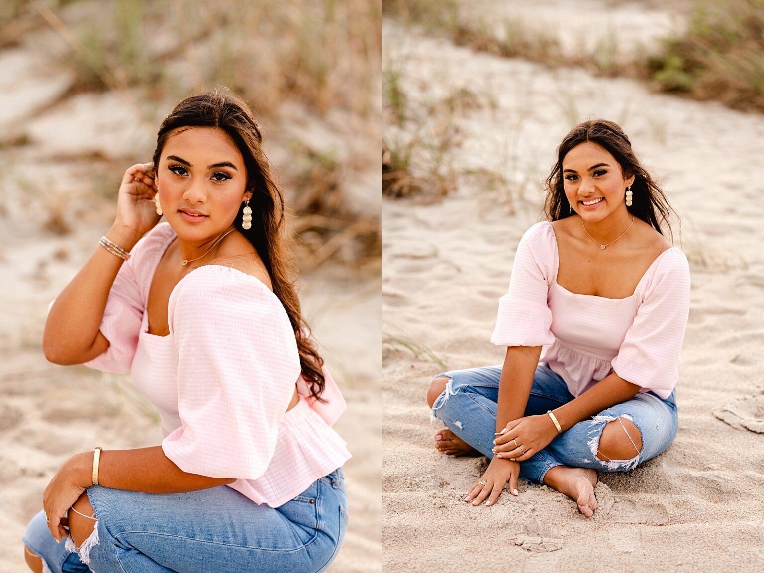 Girl in pink shirt and jeans on Florida beach at sunset. North Florida high school senior photographer. Painted Oak Photography.