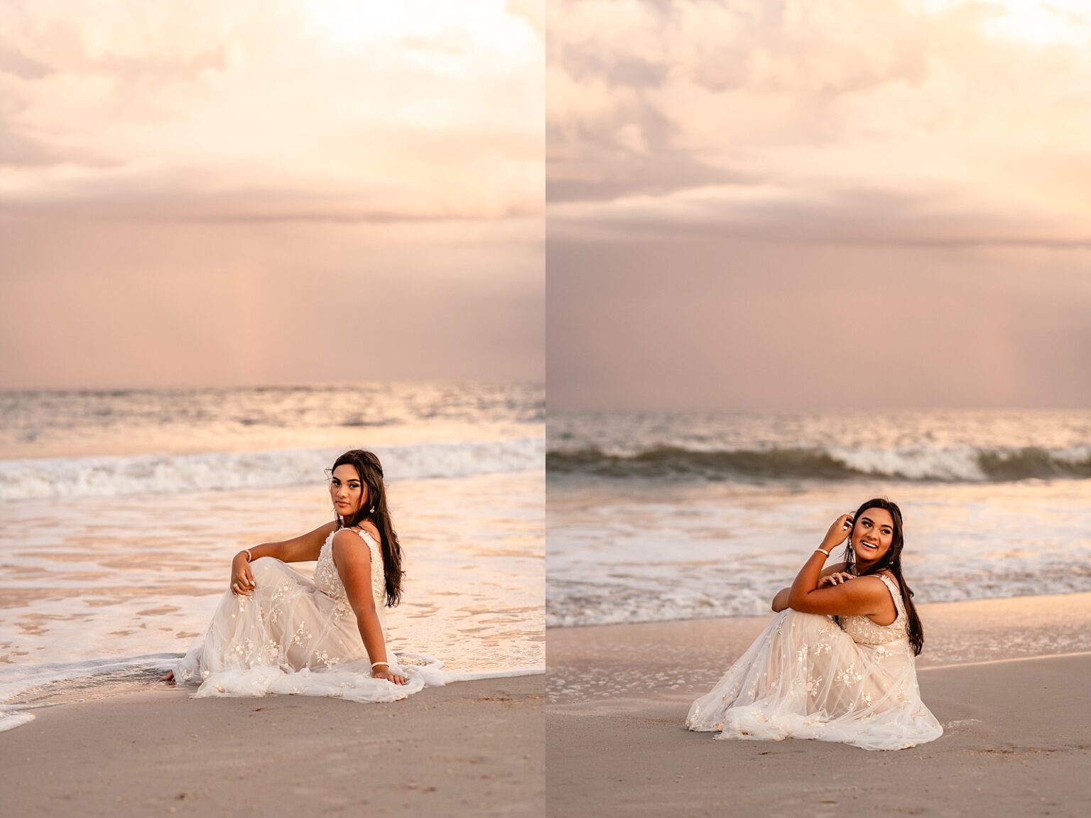 Sunset pictures on the beach for senior girl in a long, flowy, white dress with moody storm clouds in the background. Senior Photographer, Painted Oak Photography.