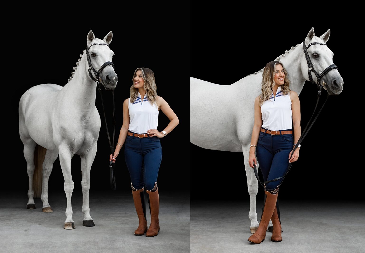 Fine art photos of grey dressage mare with black background and rider wearing high quality dressage boots.