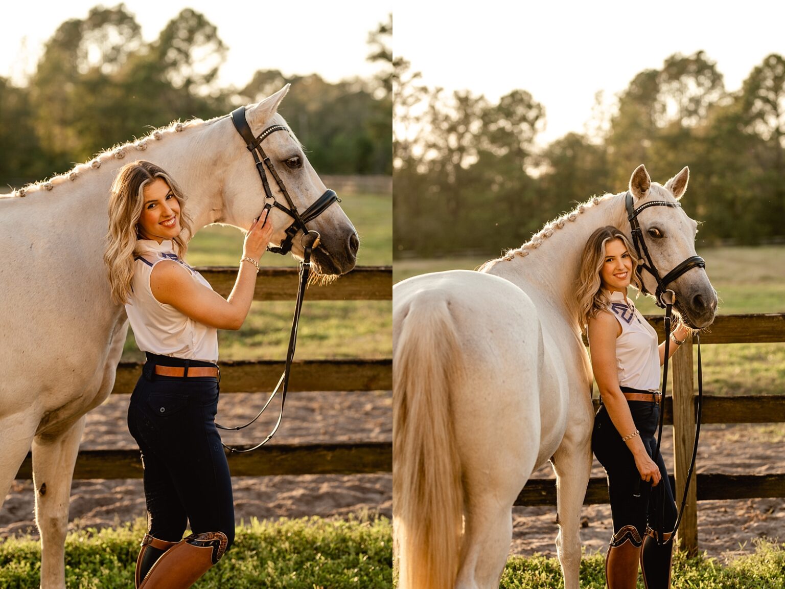 Equine photographer near Jacksonville FL takes photos of grey dressage horse with rider at sunset.