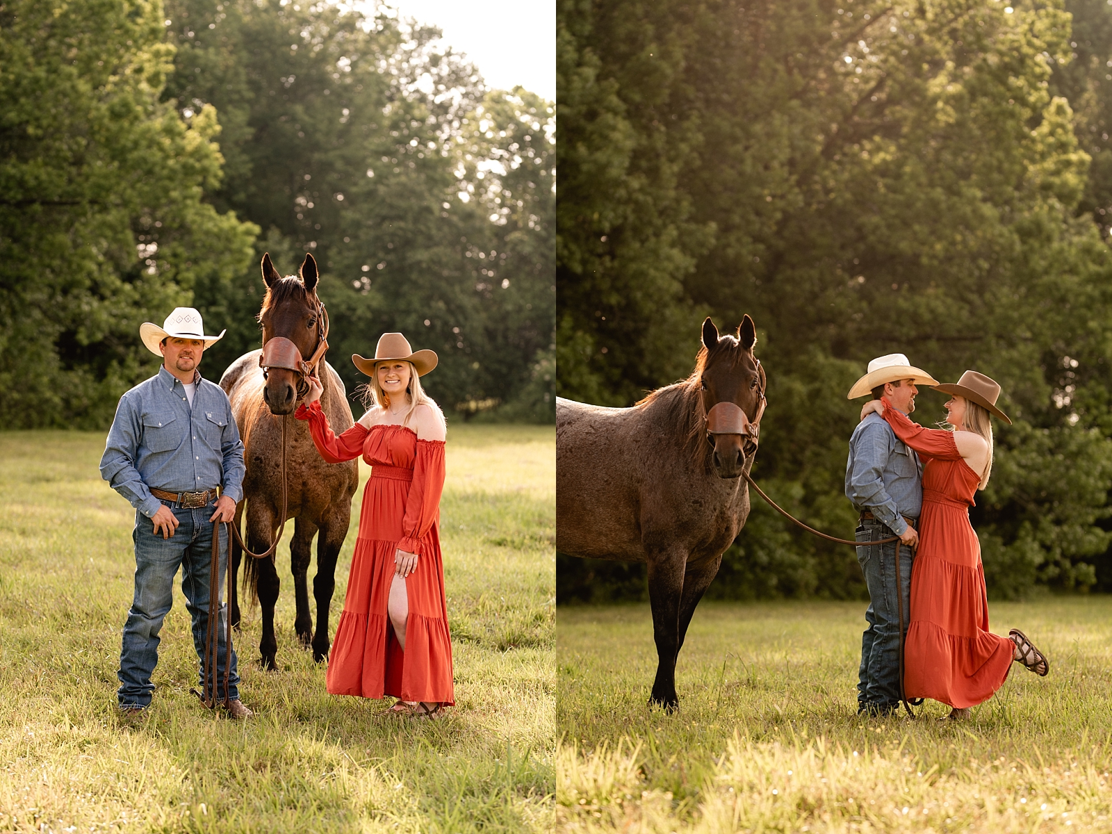 Western couple takes photos together with a horse wearing cowboy hats. Posing ideas for couples with horses.