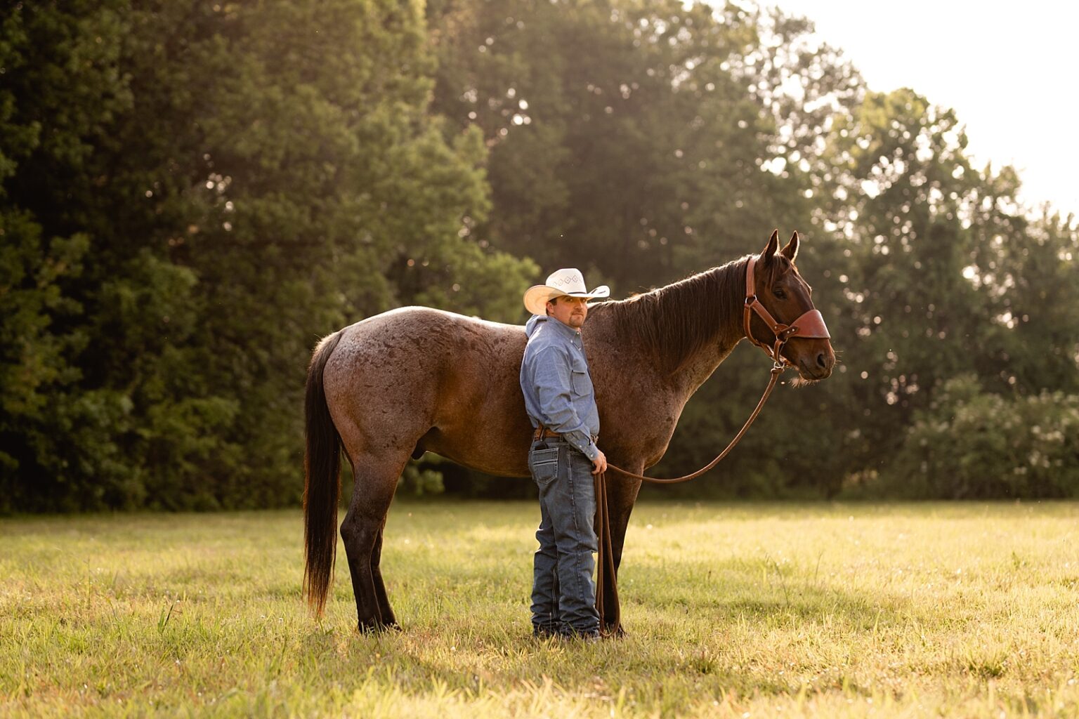 Cowboy with his roping horse in northern Alabama. Gorgeous roan gelding.