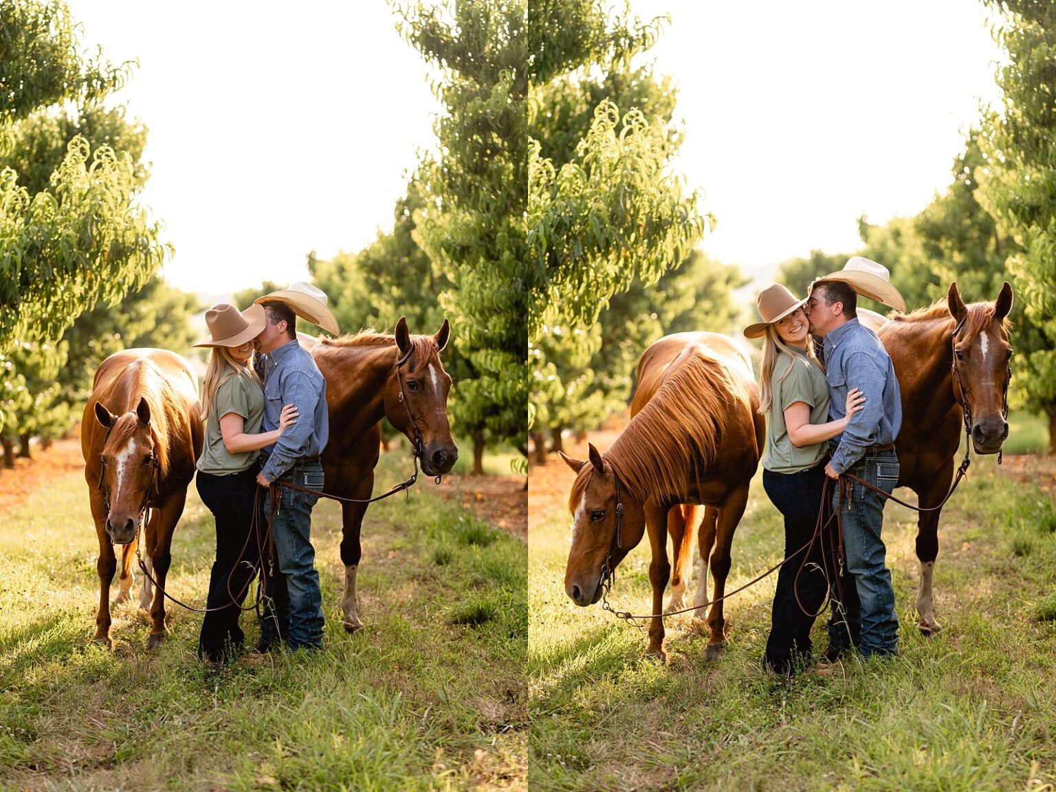 Posing ideas for couples with two horses. Western couple takes photos together with two horses in Northern Alabama.