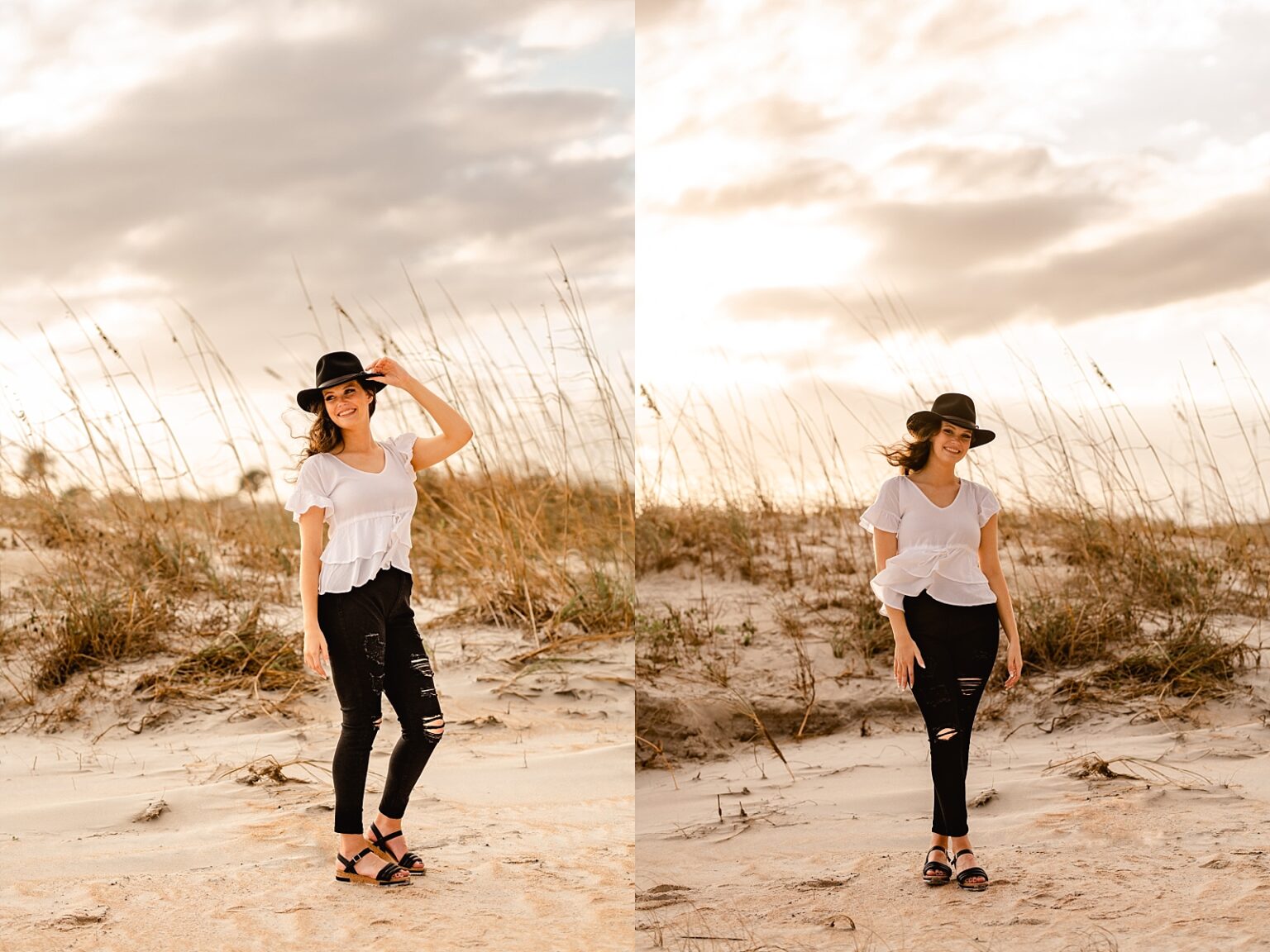 Senior photos on the beach in Florida during golden hour wearing simple black and white outfit and a hat.