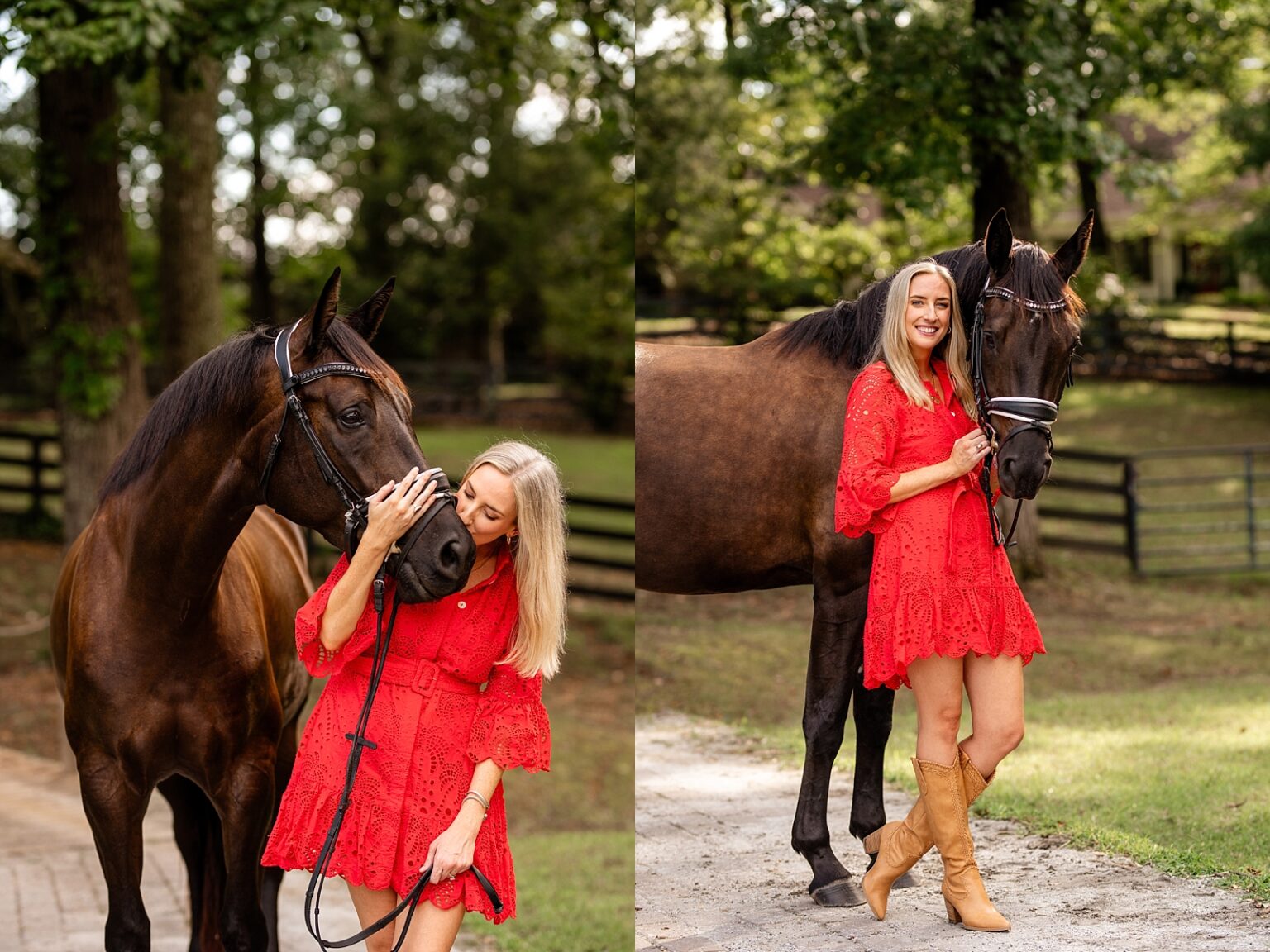 Girl in red dress takes photos with her horse in Atlanta, Georgia. Dressage Rider. Outfit ideas for horse and rider photoshoot. Atlanta equine photographer.