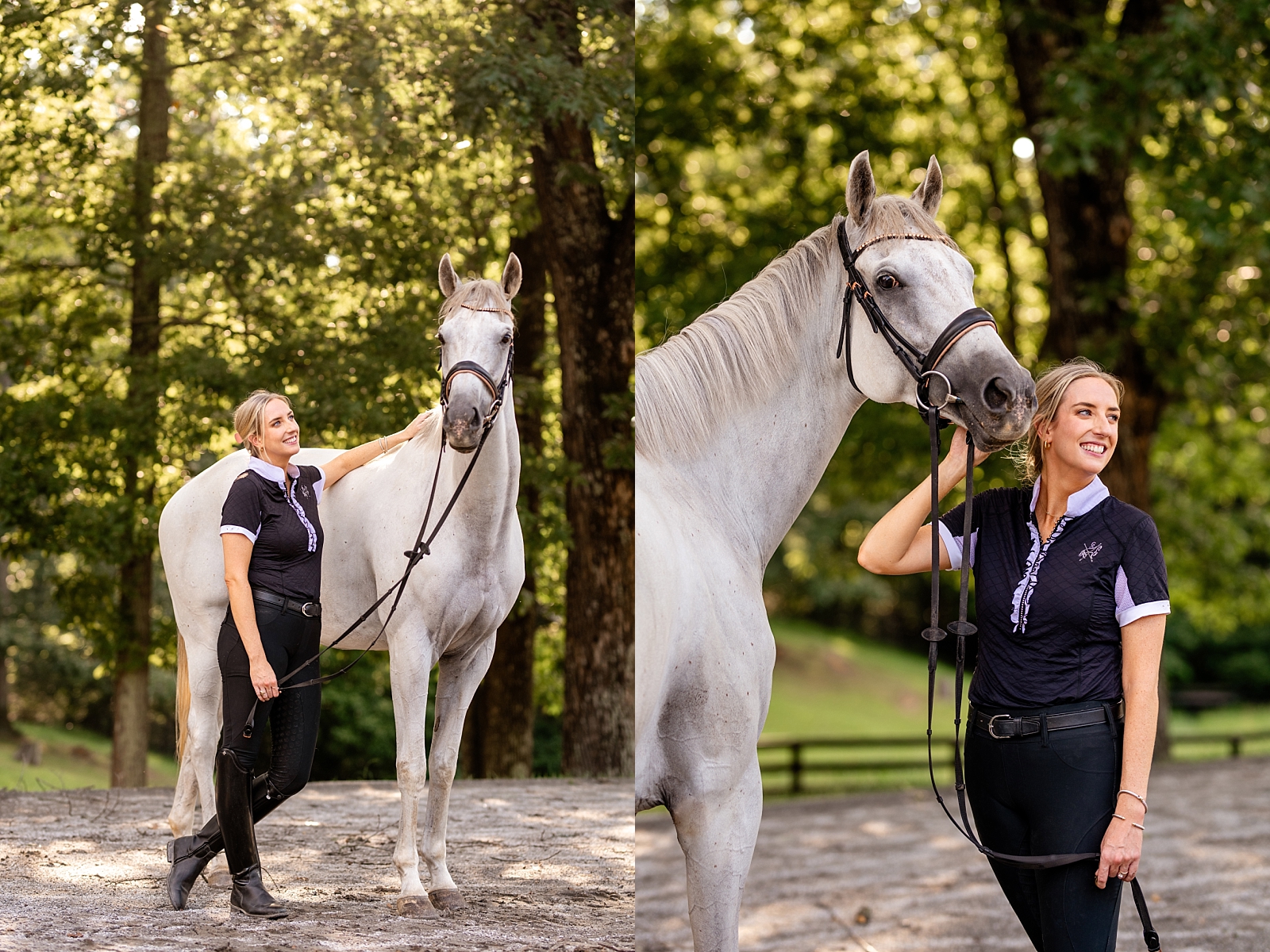 Dressage rider takes photos with her horse in Atlanta, Georgia. Outfit ideas for horse and rider photoshoot. Atlanta equine photographer.