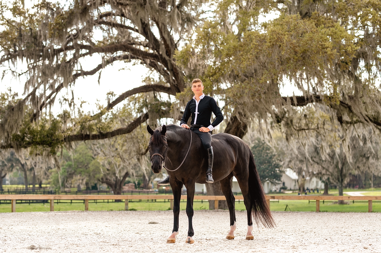 Young rider featured in Sidelines Magazine, Jordan Melfi, takes photos with gorgeous black hunter jumper in Ocala, FL. Male horse and rider session. Horse and rider posing for men.
