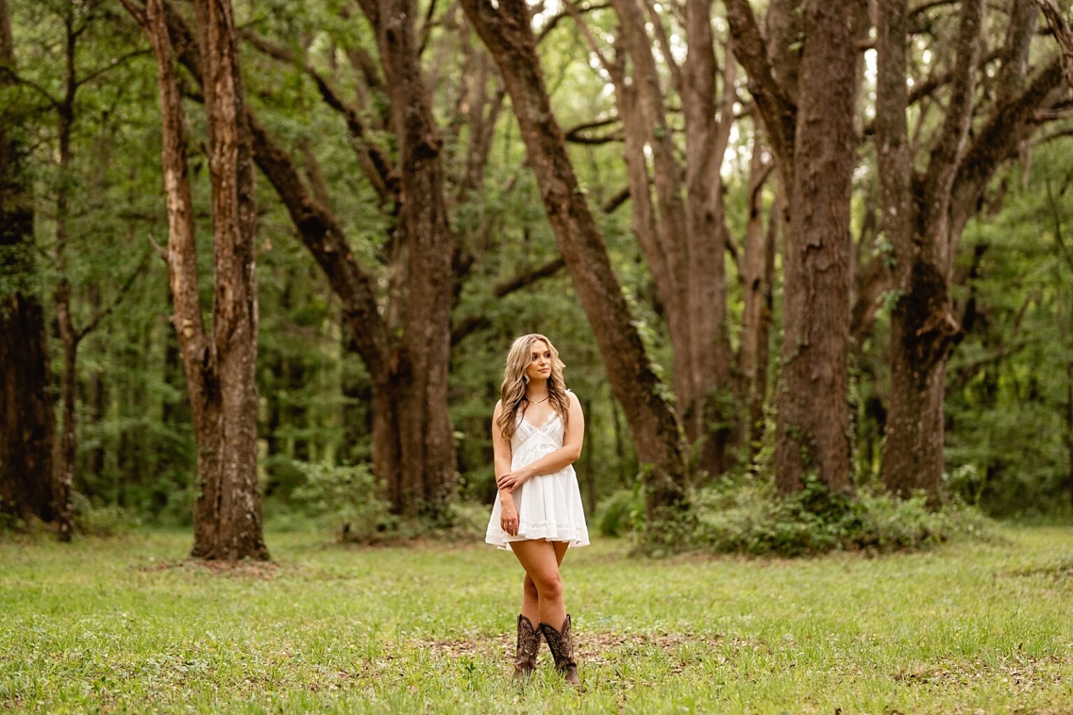 Professional senior photography near Gainesville, FL takes photos with pretty oak trees.