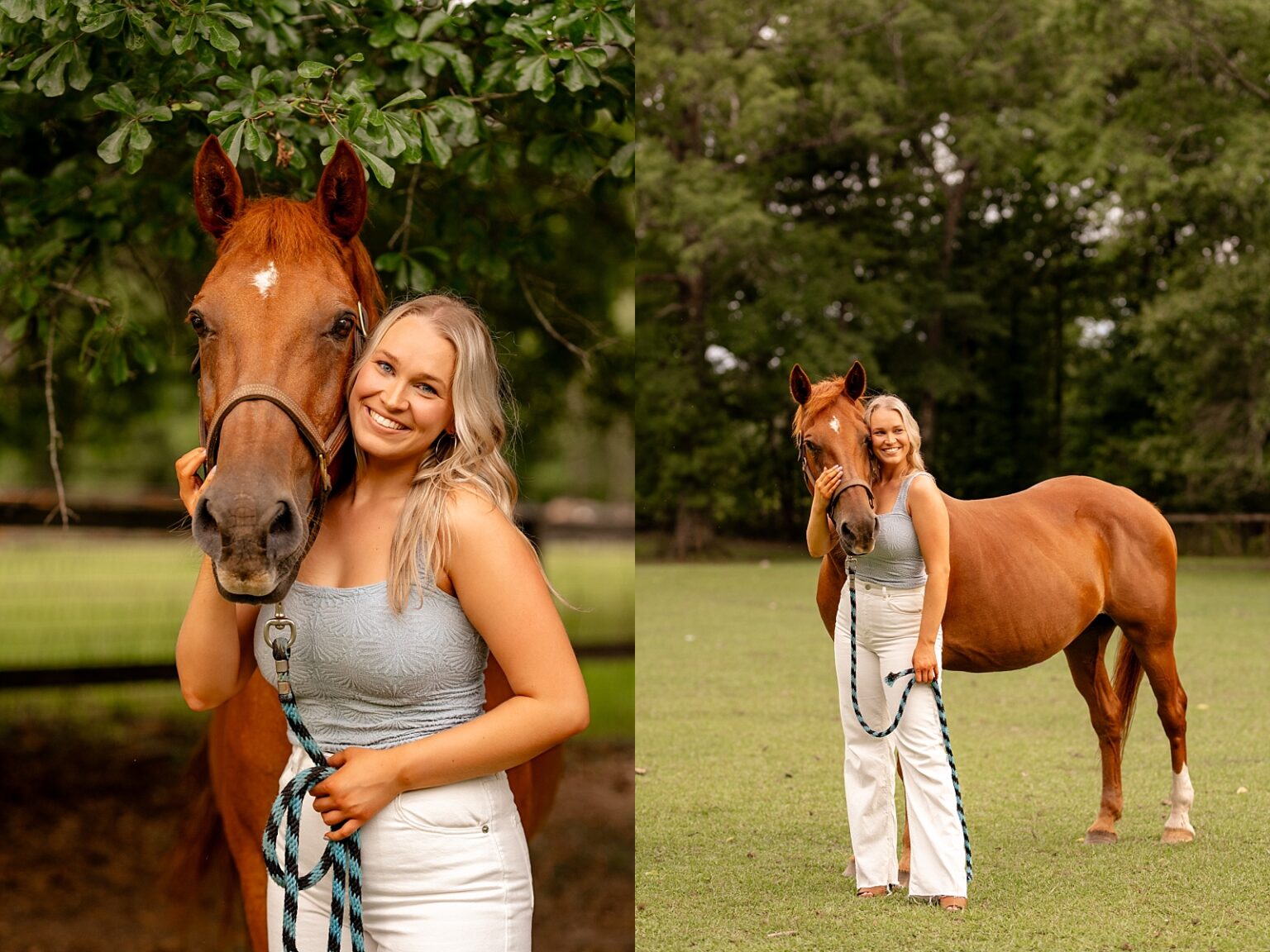 Horse photographer near Birmingham Alabama takes photos of chestnut mare and her owner.