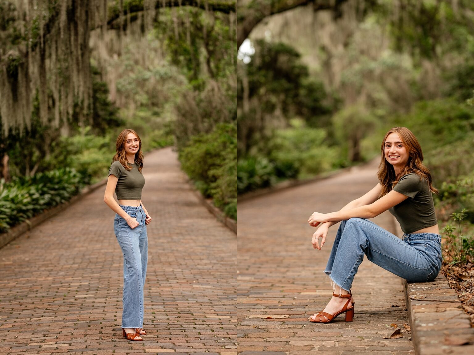 Tallahassee senior photographer takes pictures at Alfred Maclay Gardens of senior in simple, but cute outfit with a green top and short heels.