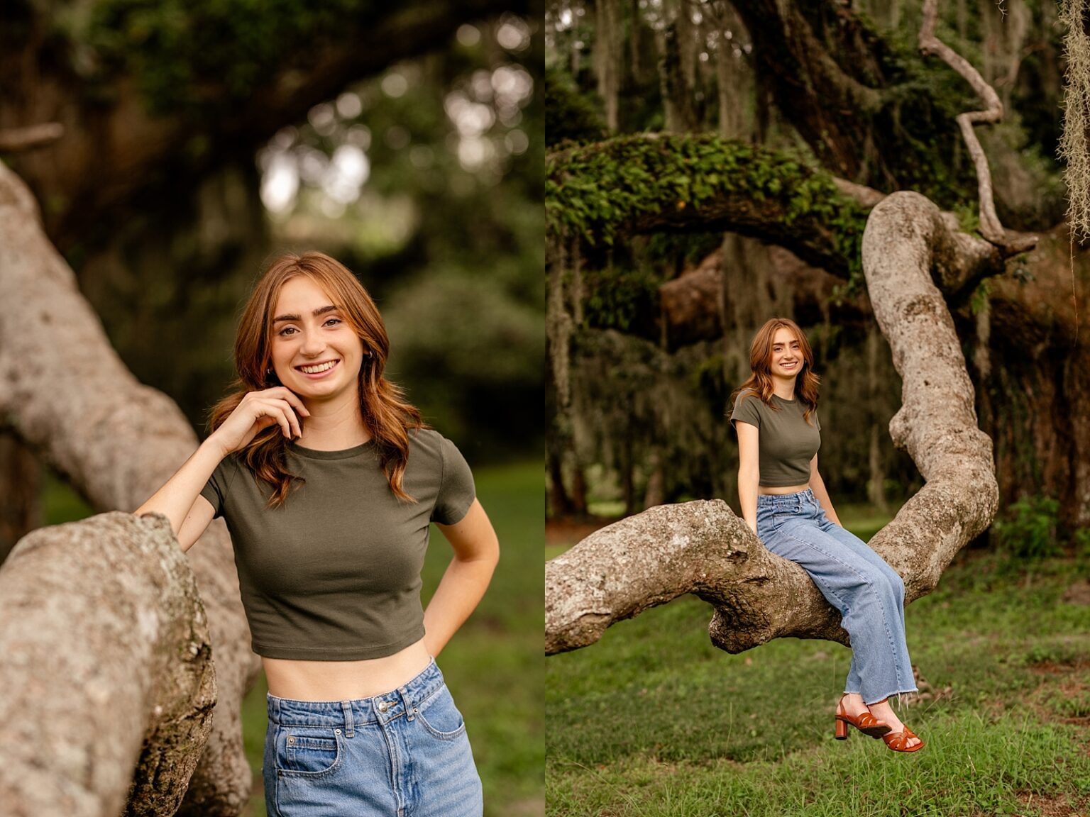 Tallahassee senior photographer takes pictures at Alfred Maclay Gardens of senior in simple, but cute outfit with a green top and short heels.