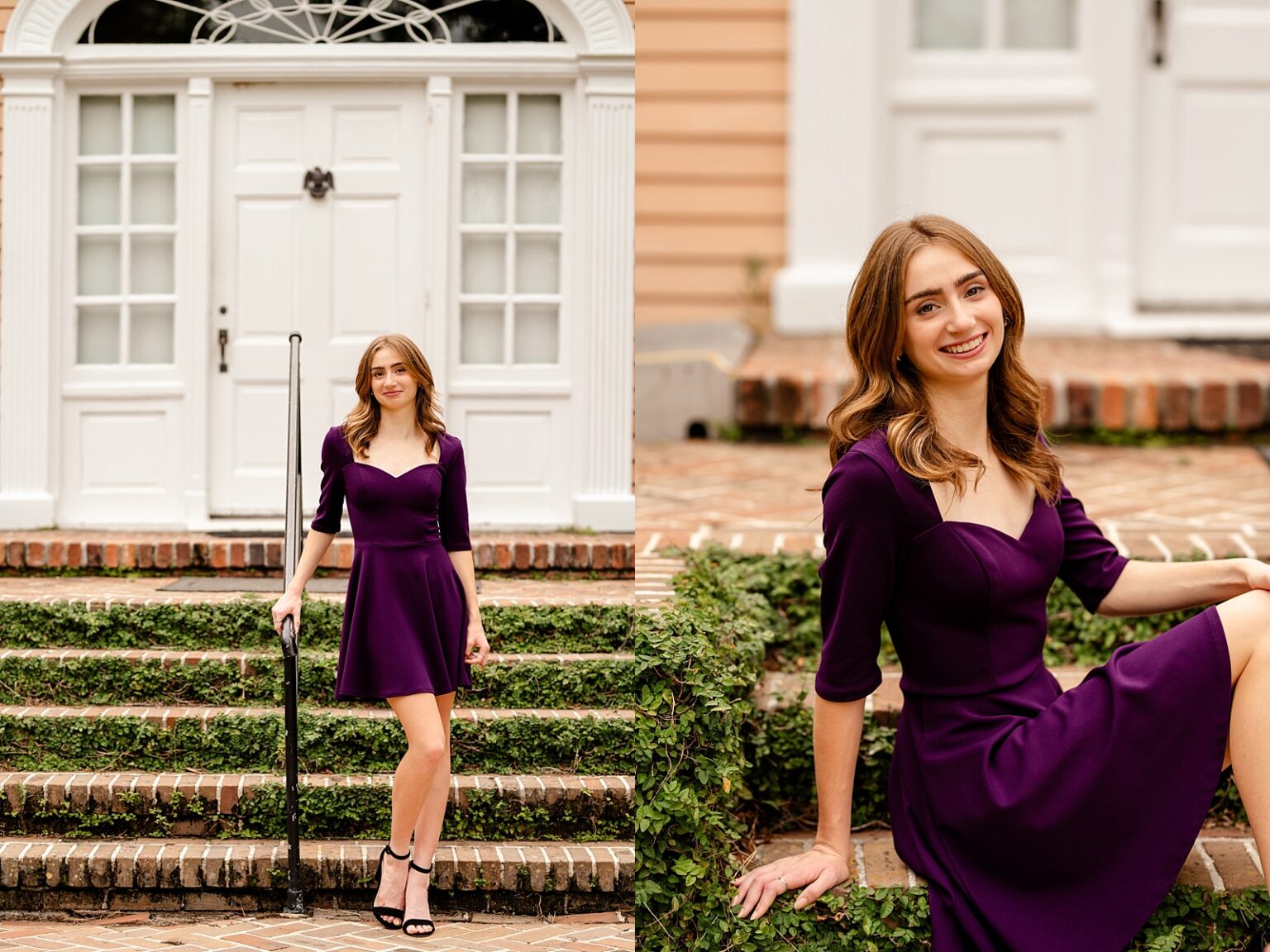Tallahassee senior photographer takes pictures at Alfred Maclay Gardens in purple dress.