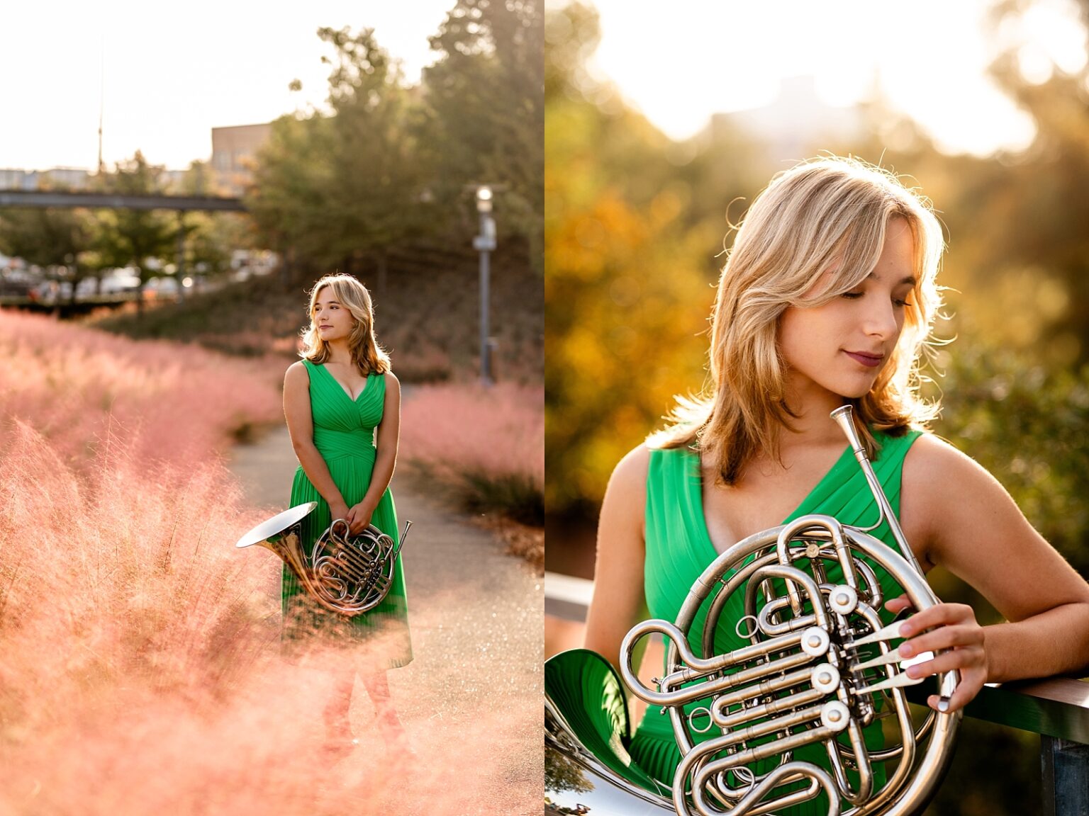 Senior pictures in Birmingham Alabama at Railroad Park. Downtown senior photos. Senior photos of musician with French horn.