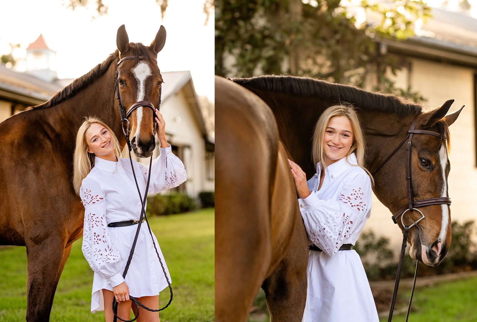 Equestrian inspired senior outfit for senior pictures. White dress with equestrian belt and tall boots. Ocala, FL. Hunter/jumper rider. Golden Oaks Farm LLC. Posing with horses. Sunset.