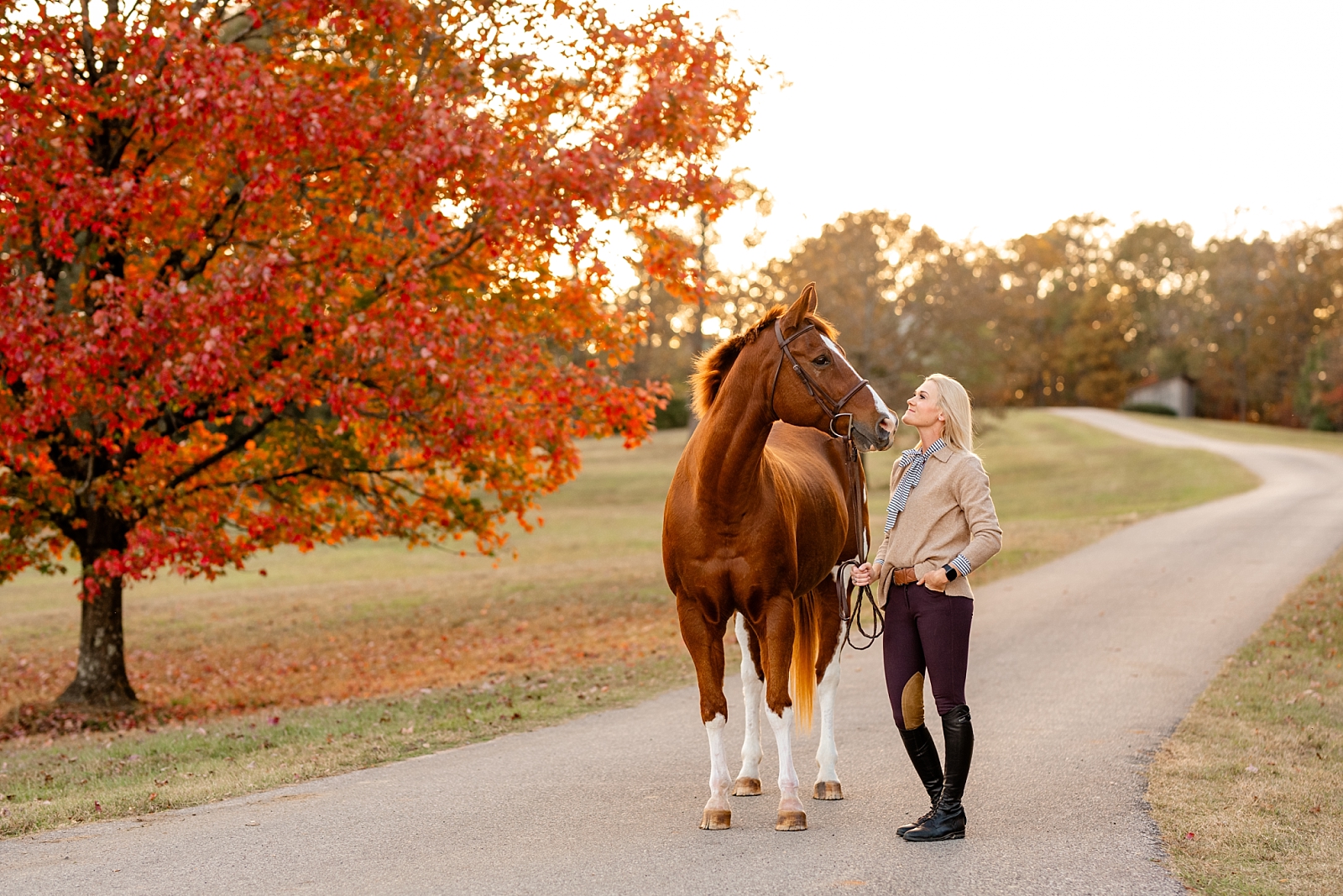 Nashville equine photographer. Horse photos in the fall. Fall leaves. Equestrian style. Stable to street style. Street to stable style. Outfit ideas for english horse and rider photoshoot.