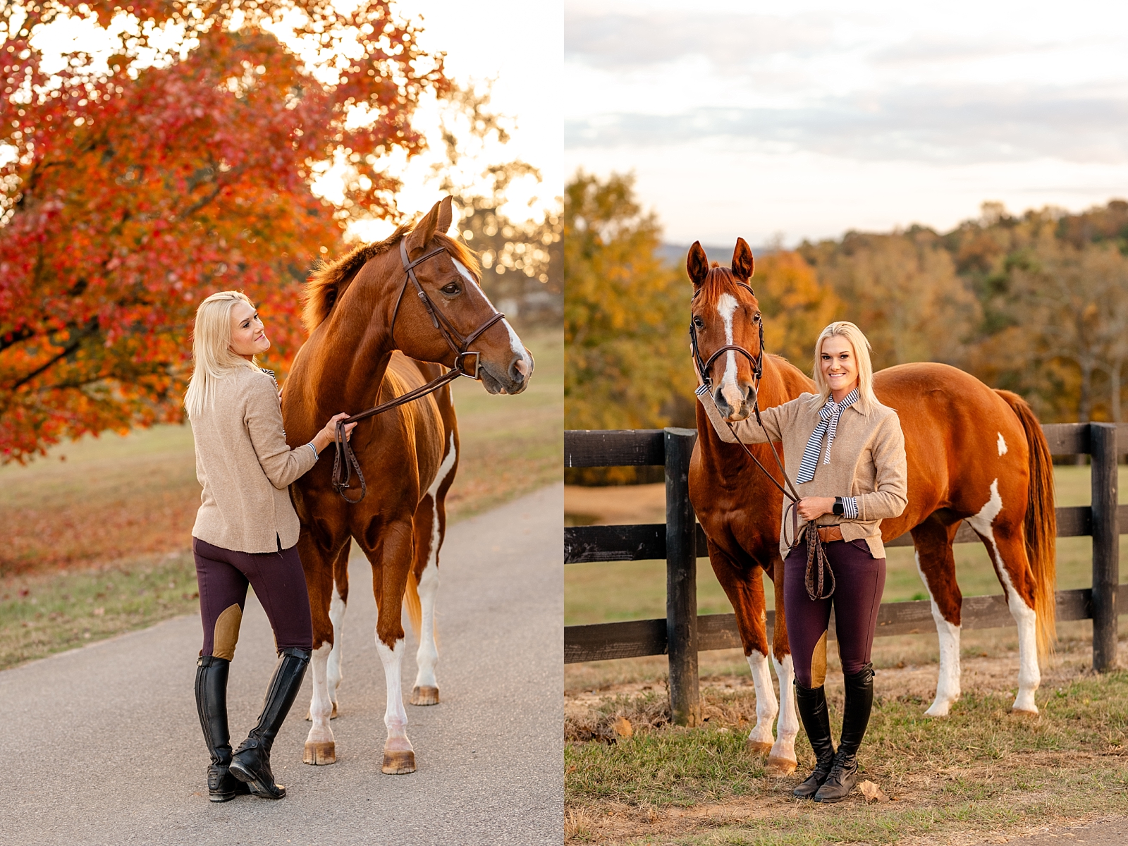 Nashville equine photographer. Horse photos in the fall. Fall leaves. Equestrian style. Stable to street style. Street to stable style. Outfit ideas for english horse and rider photoshoot.
